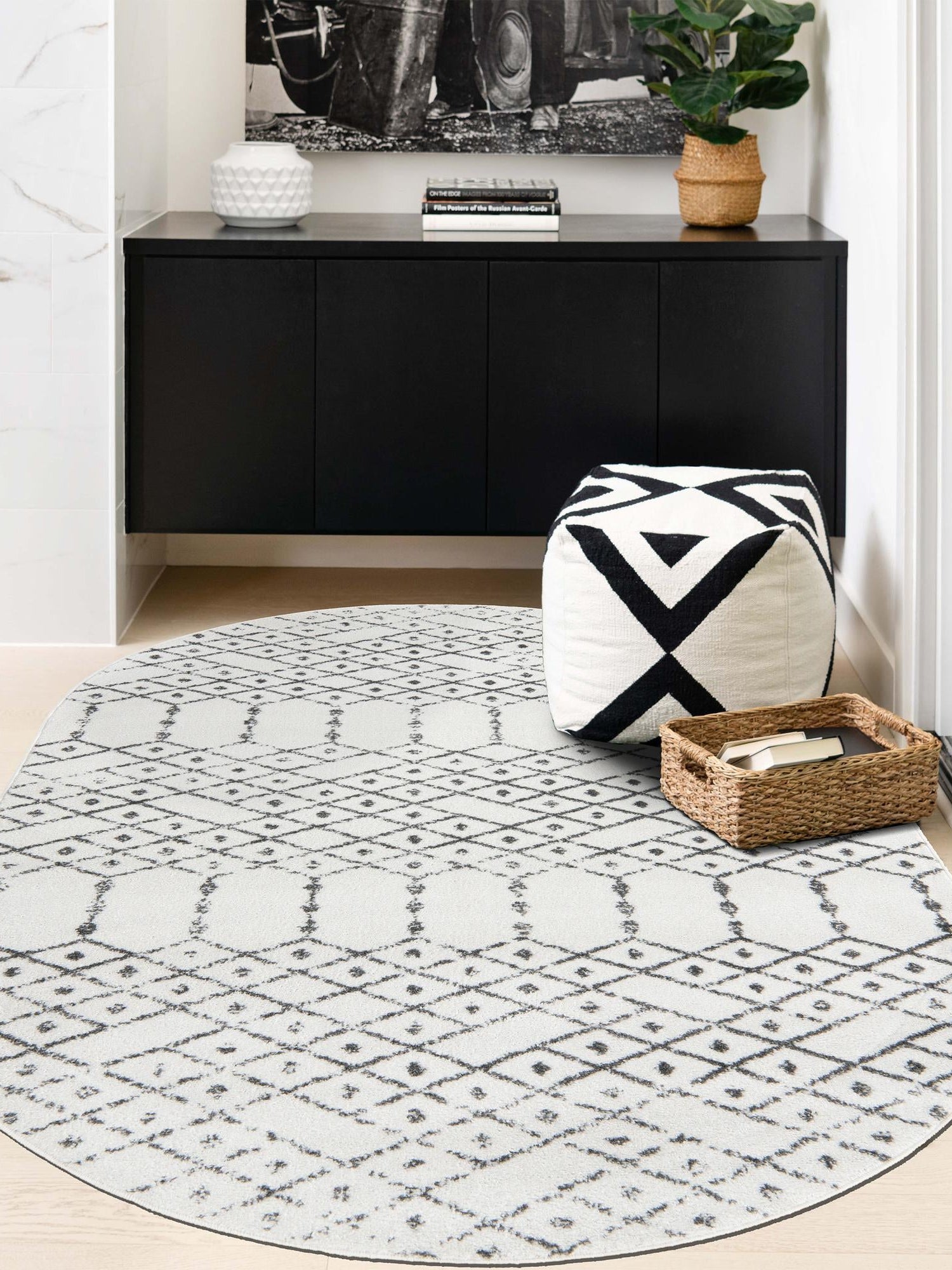Ivory Black 5' 3 x 8' Paxon Trellis Oval Area Rug Geometric Durable Stain Resistant Easy Clean Carpet for Modern Interior Home Decor for Sale at Rug Engine