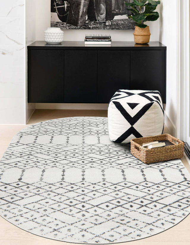 Ivory Black 5' 3 x 8' Paxon Trellis Oval Area Rug Geometric Durable Stain Resistant Easy Clean Carpet for Modern Interior Home Decor for Sale at Rug Engine