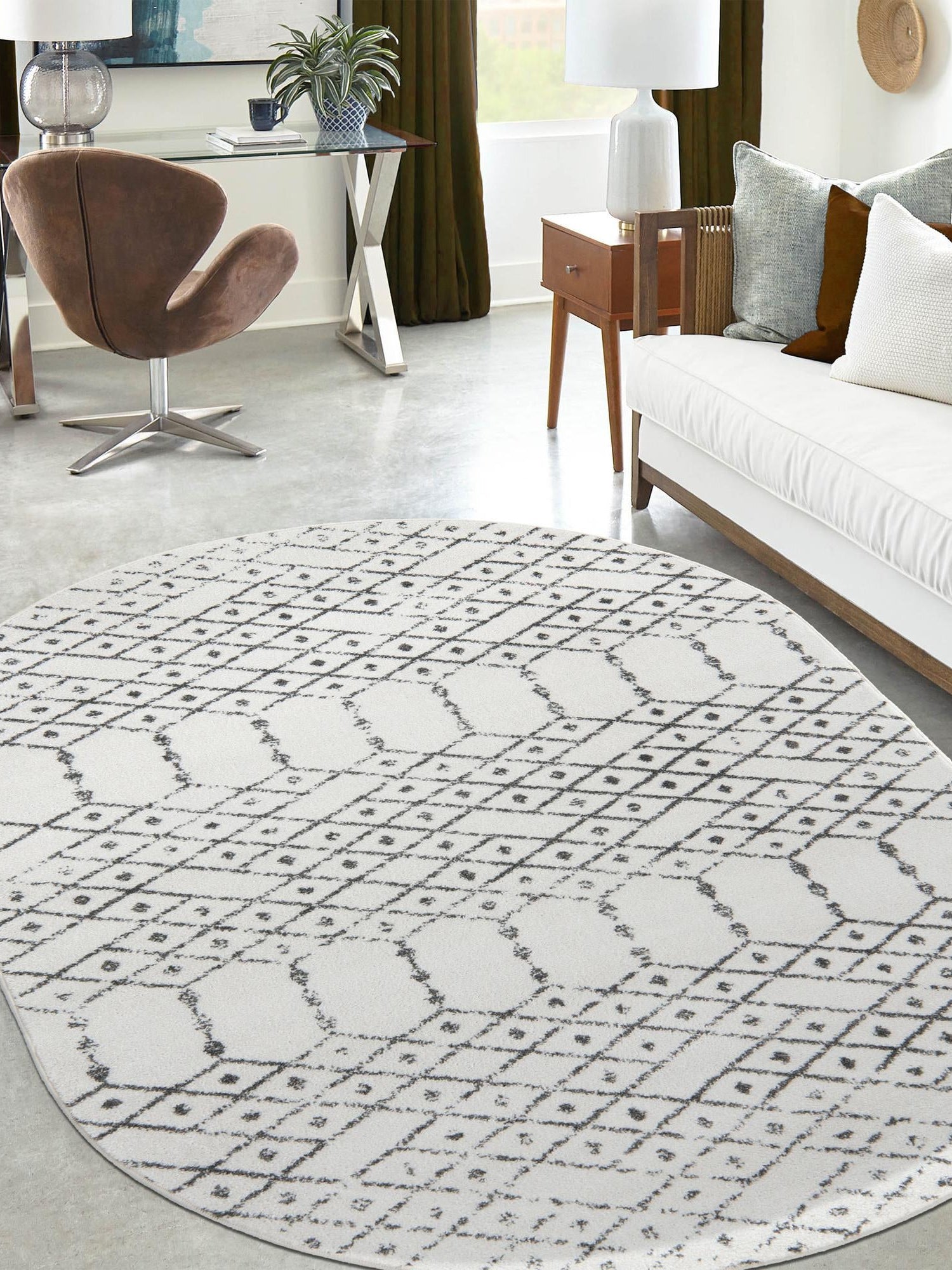 Ivory Black 5' 3 x 8' Paxon Trellis Oval Area Rug Geometric Durable Stain Resistant Easy Clean Carpet for Modern Interior Home Decor for Sale at Rug Engine