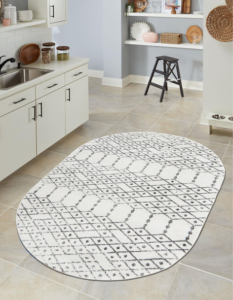 Ivory Black 7' 10 x 10' Paxon Trellis Oval Area Rug Geometric Durable Stain Resistant Easy Clean Carpet for Modern Interior Home Decor for Sale at Rug Engine