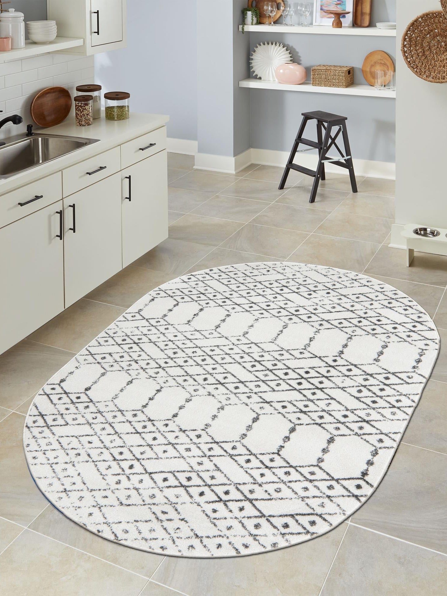 Ivory Black 5' 3 x 8' Paxon Trellis Oval Area Rug Geometric Durable Stain Resistant Easy Clean Carpet for Modern Interior Home Decor for Sale at Rug Engine