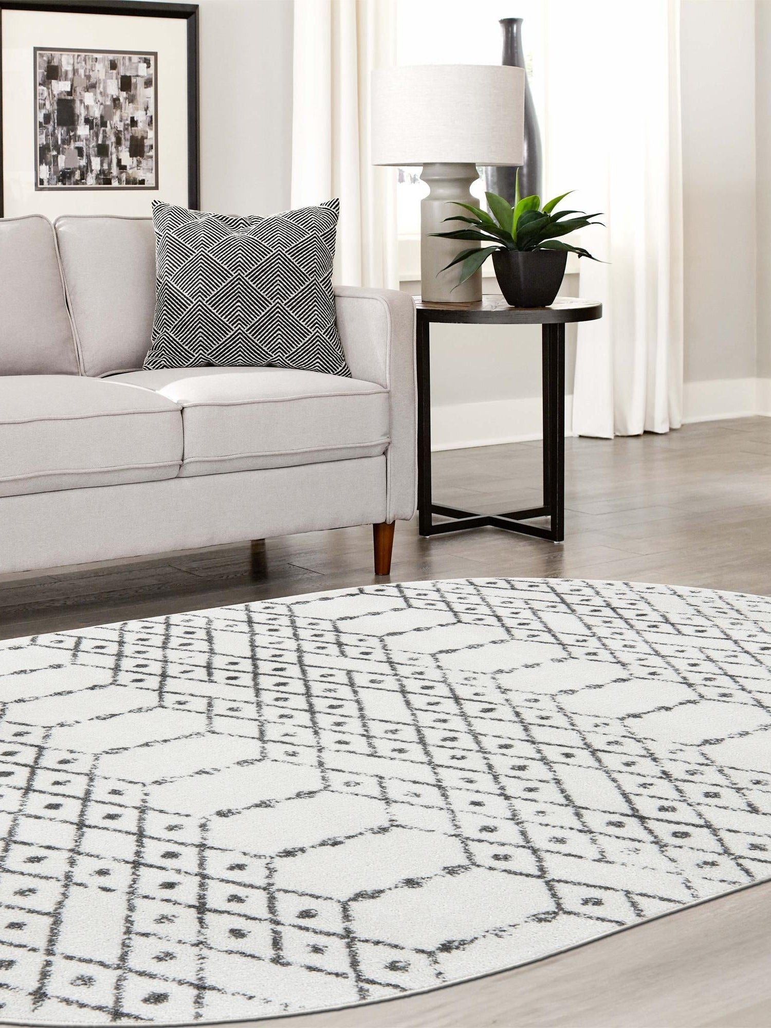 Ivory Black 4' x 6' Paxon Trellis Oval Area Rug Geometric Durable Stain Resistant Easy Clean Carpet for Modern Interior Home Decor for Sale at Rug Engine