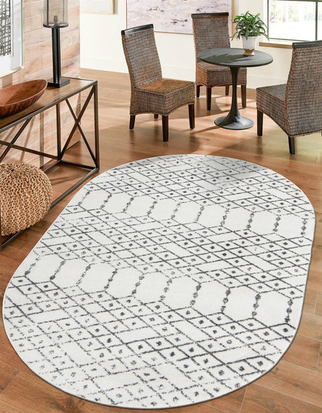 Ivory Black 7' 10 x 10' Paxon Trellis Oval Area Rug Geometric Durable Stain Resistant Easy Clean Carpet for Modern Interior Home Decor for Sale at Rug Engine
