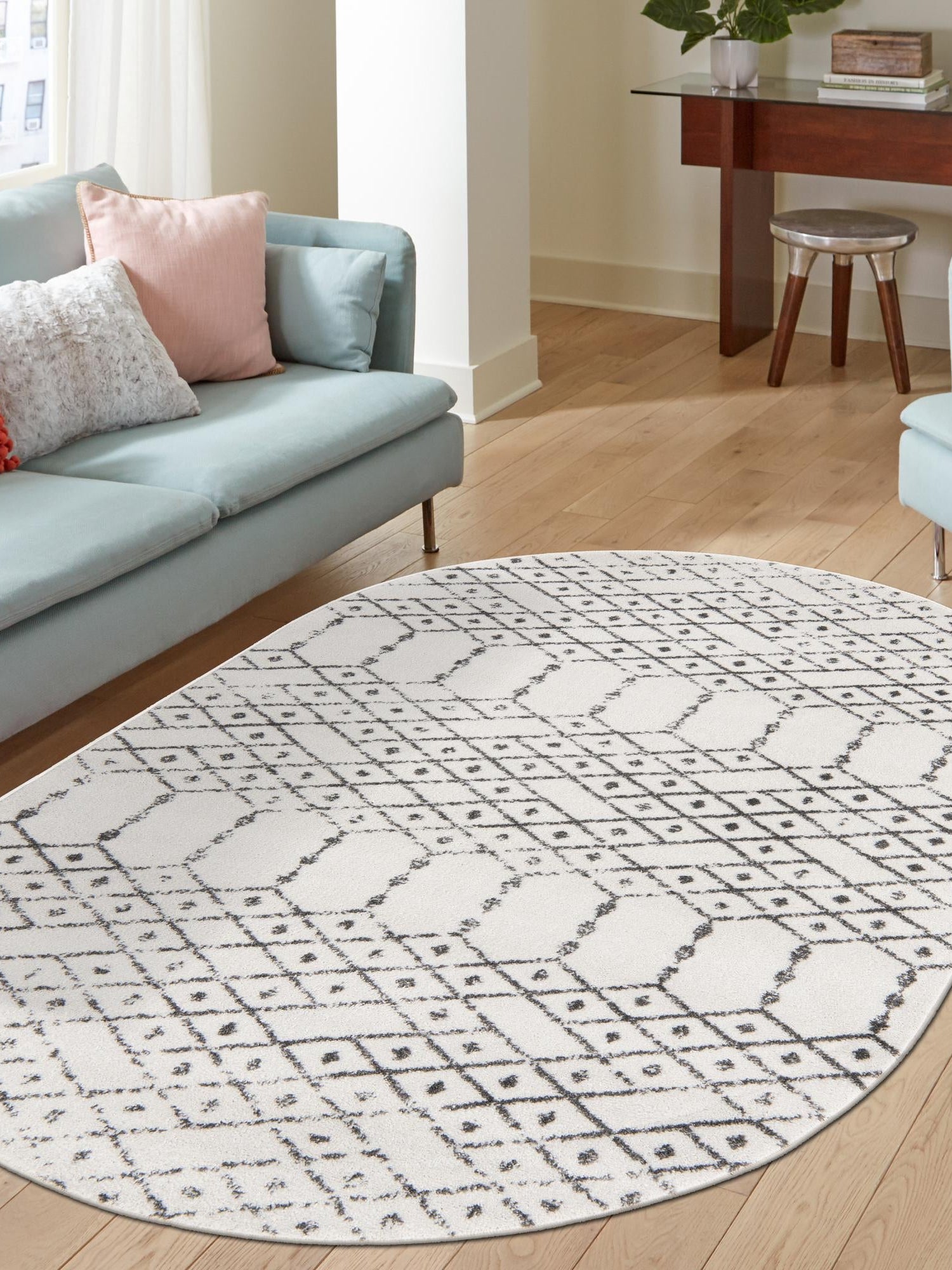 Ivory Black 4' x 6' Paxon Trellis Oval Area Rug Geometric Durable Stain Resistant Easy Clean Carpet for Modern Interior Home Decor for Sale at Rug Engine