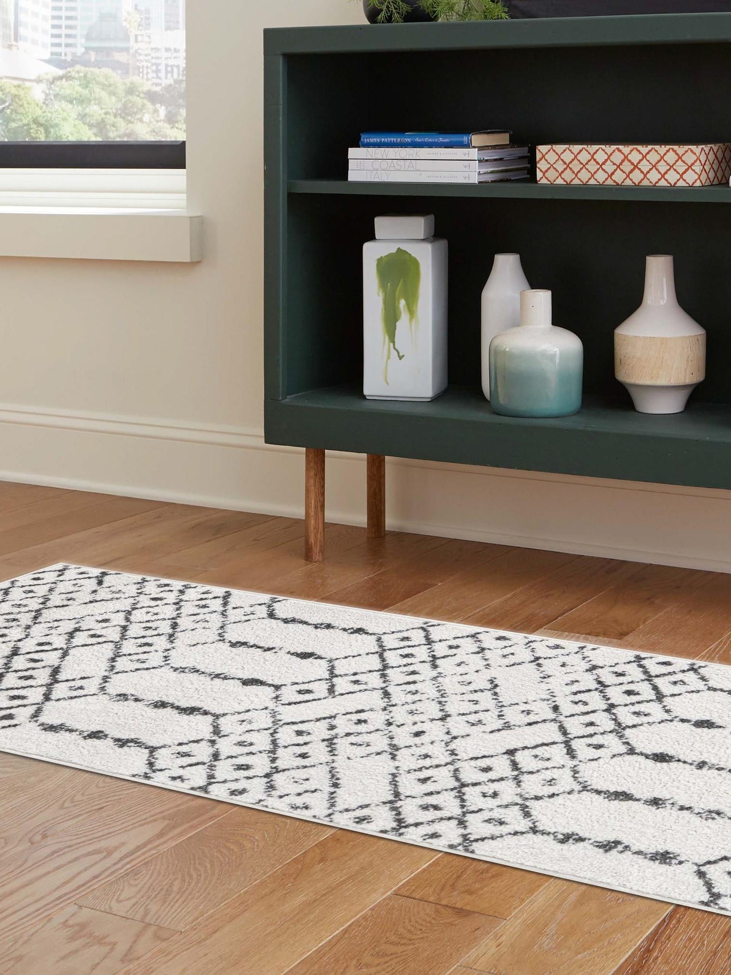 Ivory Black 2' 11 x 16' Paxon Trellis Runner Area Rug Geometric Durable Stain Resistant Easy Clean Carpet for Modern Interior Home Decor for Sale at Rug Engine