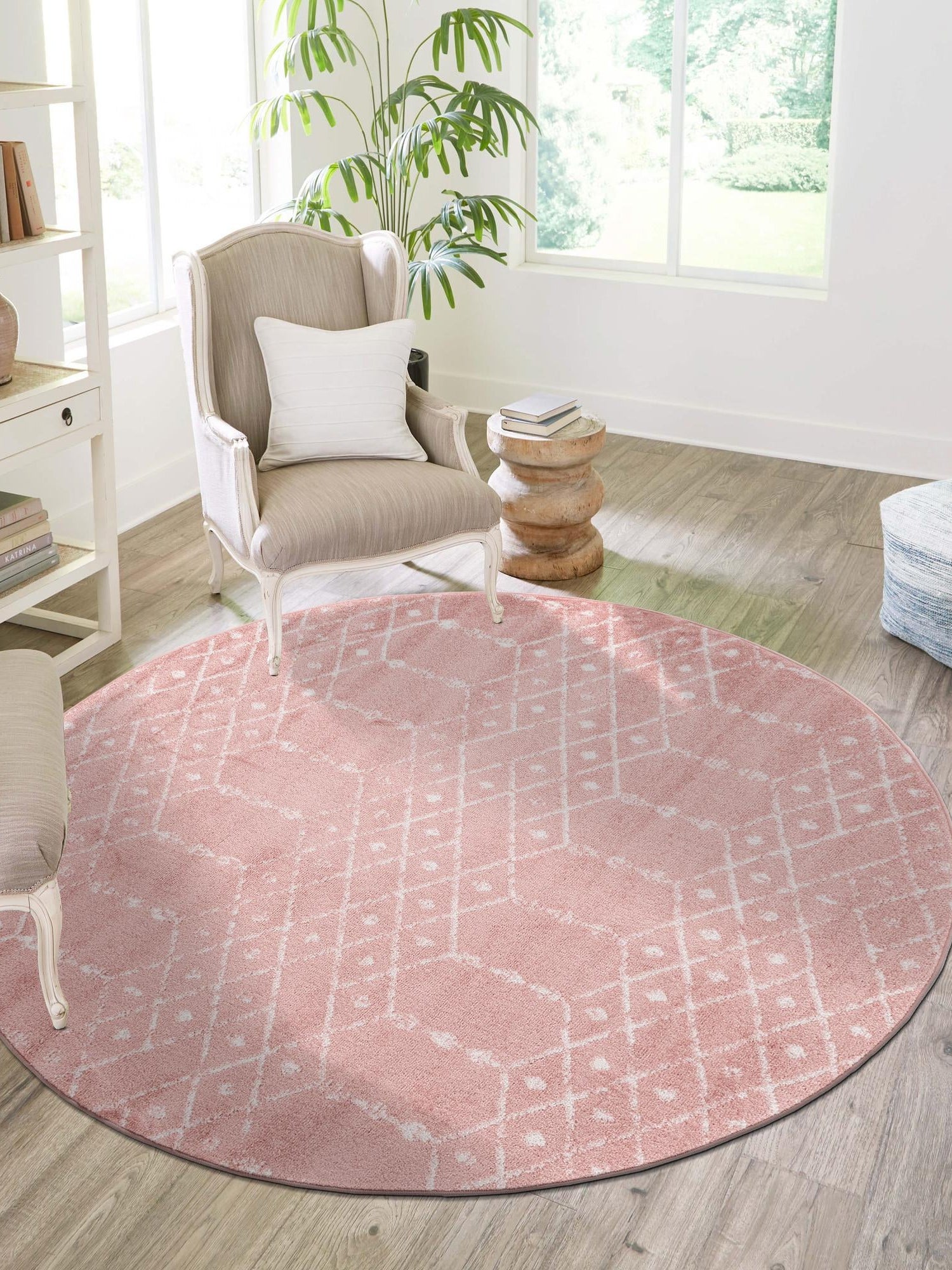 Rose Pink 4' 1 x 4' 1 Paxon Trellis Round Area Rug Geometric Durable Stain Resistant Easy Clean Carpet for Modern Interior Home Decor for Sale at Rug Engine