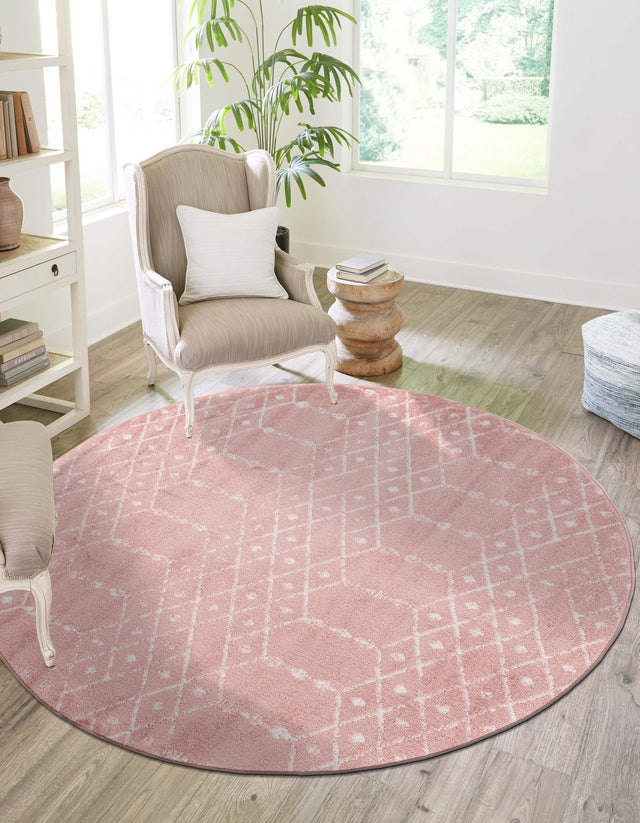 Rose Pink 7' 10 x 7' 10 Paxon Trellis Round Area Rug Geometric Durable Stain Resistant Easy Clean Carpet for Modern Interior Home Decor for Sale at Rug Engine