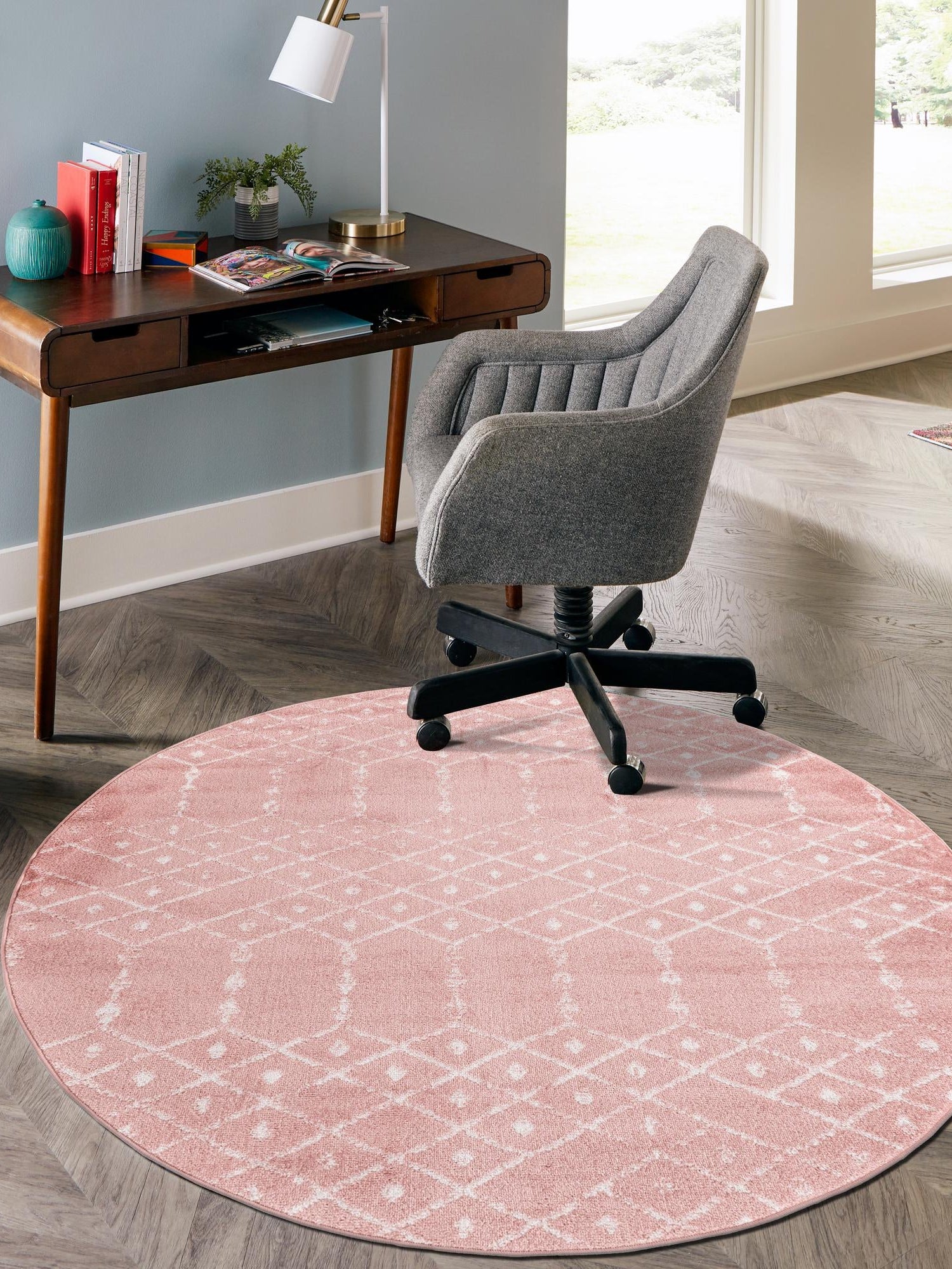 Rose Pink 7' 10 x 7' 10 Paxon Trellis Round Area Rug Geometric Durable Stain Resistant Easy Clean Carpet for Modern Interior Home Decor for Sale at Rug Engine