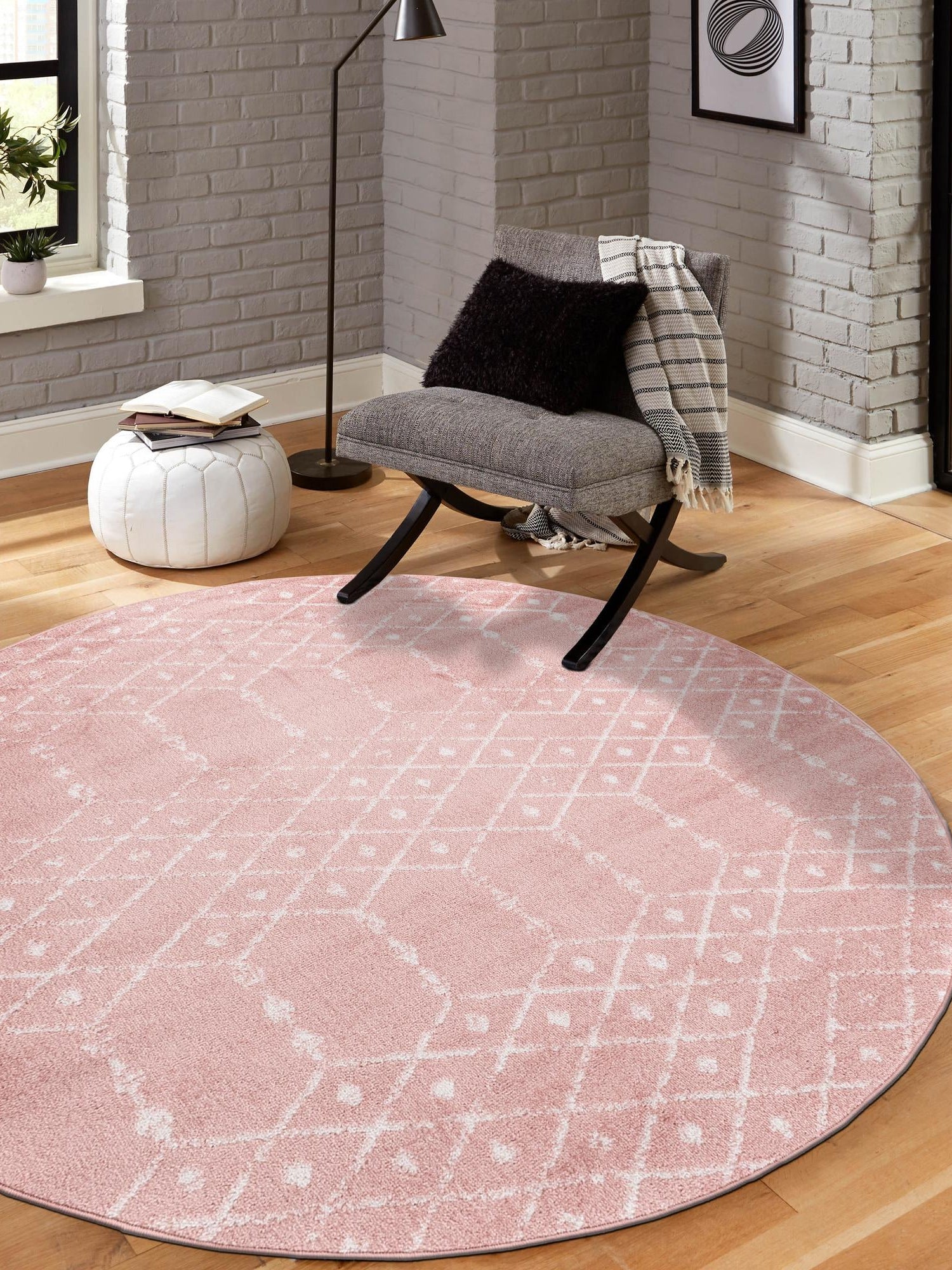 Rose Pink 7' 10 x 7' 10 Paxon Trellis Round Area Rug Geometric Durable Stain Resistant Easy Clean Carpet for Modern Interior Home Decor for Sale at Rug Engine