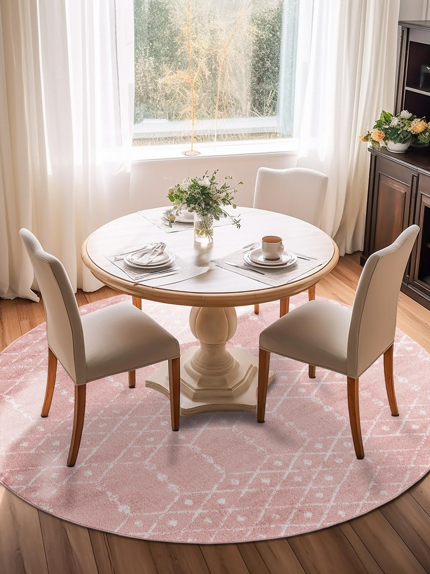 Rose Pink 4' 1 x 4' 1 Paxon Trellis Round Area Rug Geometric Durable Stain Resistant Easy Clean Carpet for Modern Interior Home Decor for Sale at Rug Engine