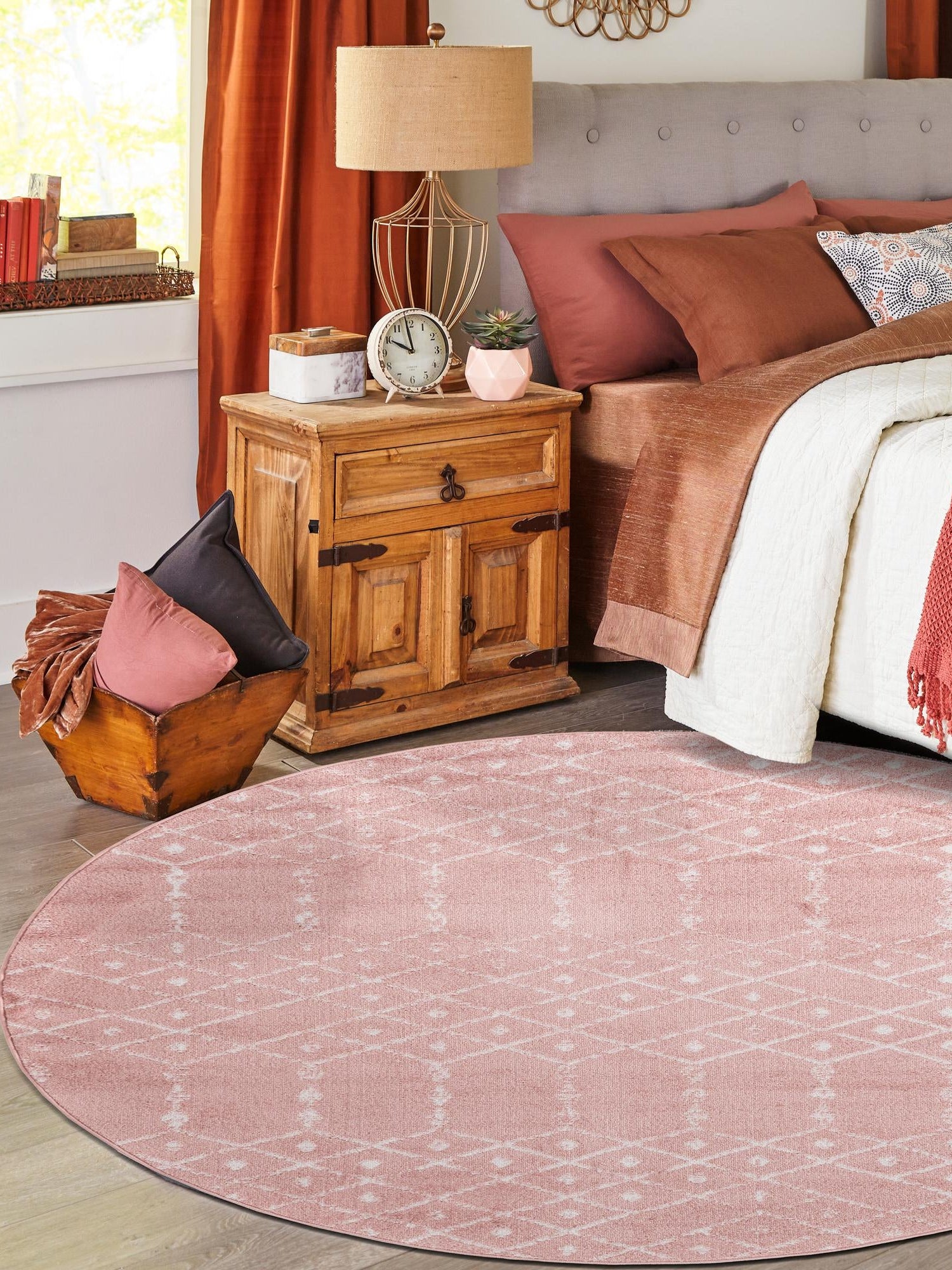 Rose Pink 6' 1 x 6' 1 Paxon Trellis Round Area Rug Geometric Durable Stain Resistant Easy Clean Carpet for Modern Interior Home Decor for Sale at Rug Engine