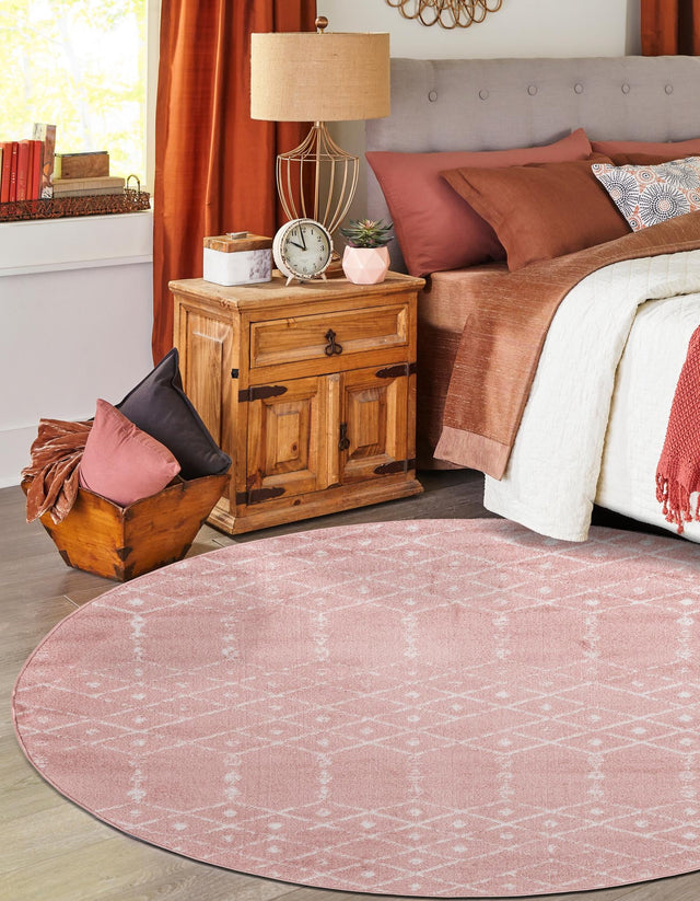 Rose Pink 4' 1 x 4' 1 Paxon Trellis Round Area Rug Geometric Durable Stain Resistant Easy Clean Carpet for Modern Interior Home Decor for Sale at Rug Engine