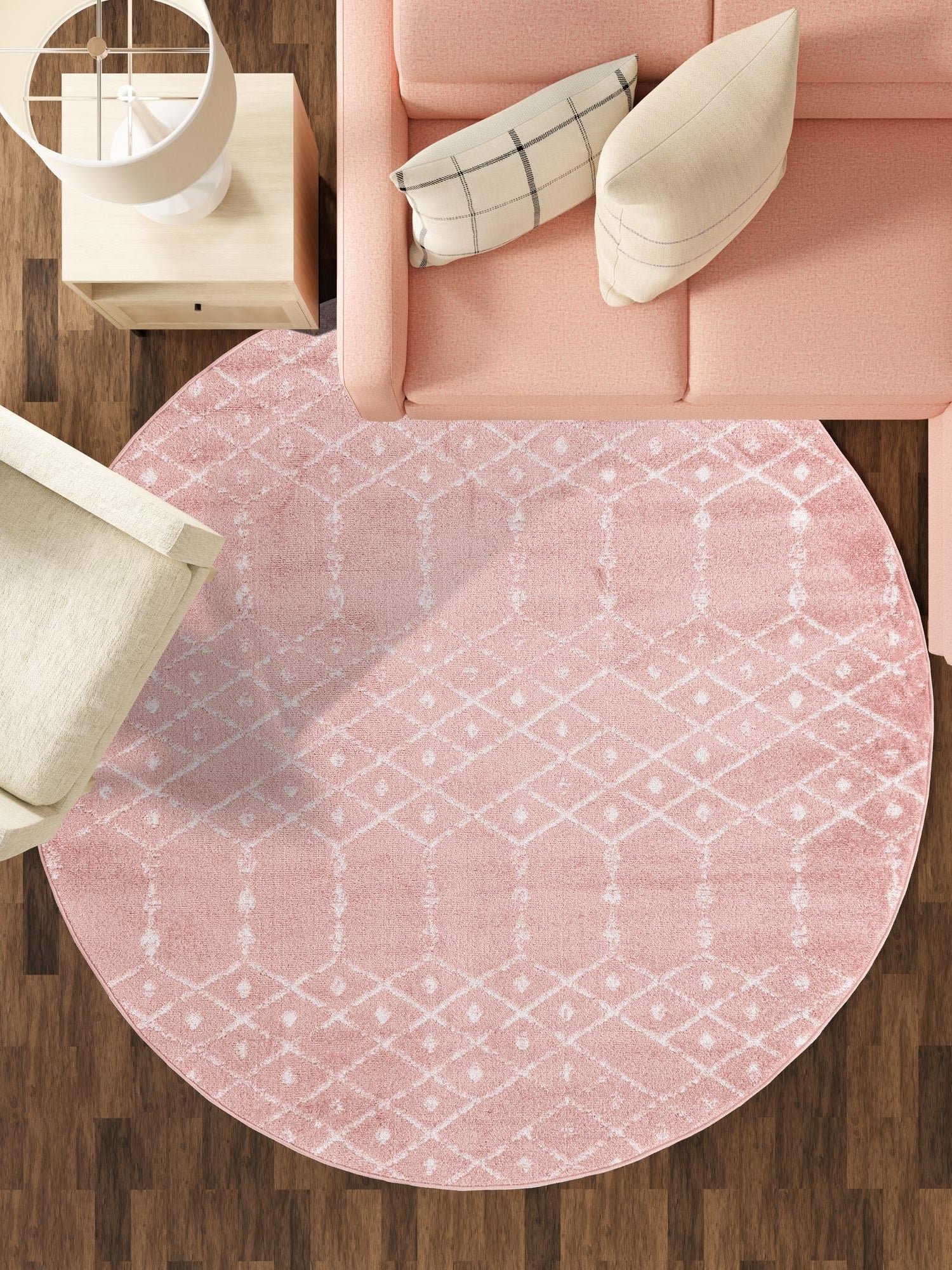 Rose Pink 5' 3 x 5' 3 Paxon Trellis Round Area Rug Geometric Durable Stain Resistant Easy Clean Carpet for Modern Interior Home Decor for Sale at Rug Engine