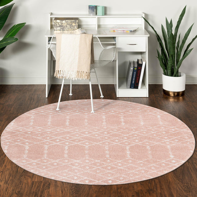 Rose Pink 5' 3 x 5' 3 Paxon Trellis Round Area Rug Geometric Durable Stain Resistant Easy Clean Carpet for Modern Interior Home Decor for Sale at Rug Engine