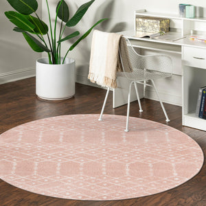 Rose Pink 7' 10 x 7' 10 Paxon Trellis Round Area Rug Geometric Durable Stain Resistant Easy Clean Carpet for Modern Interior Home Decor for Sale at Rug Engine