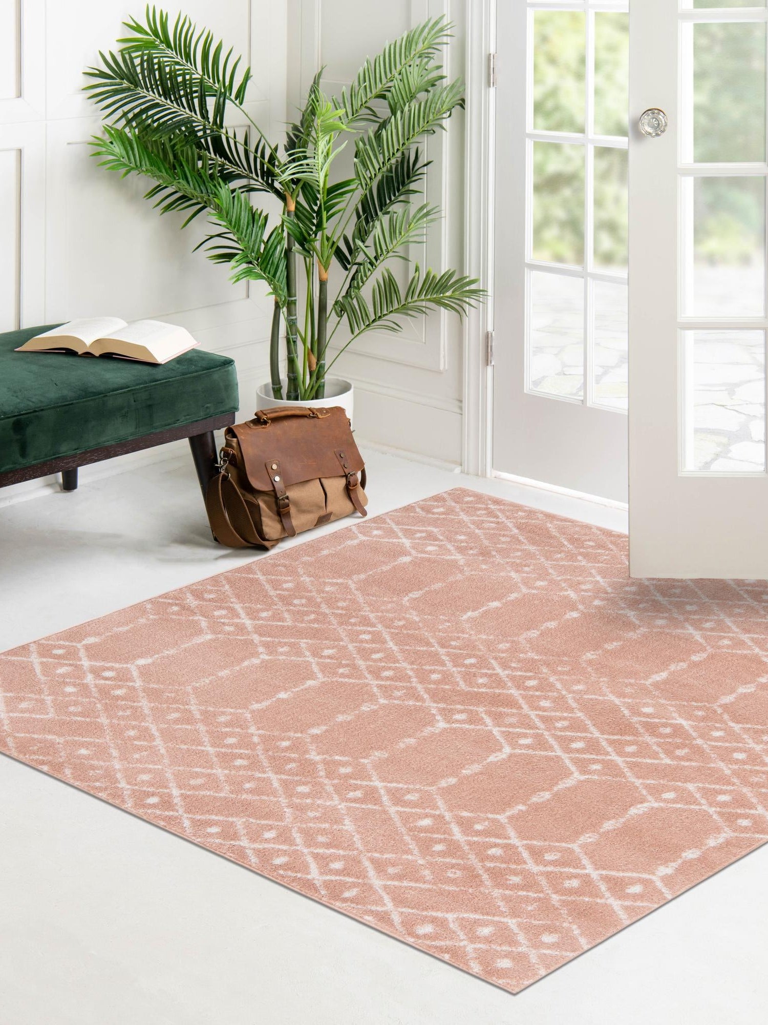 Rose Pink 5' 3 x 5' 3 Paxon Trellis Square Area Rug Geometric Durable Stain Resistant Easy Clean Carpet for Modern Interior Home Decor for Sale at Rug Engine