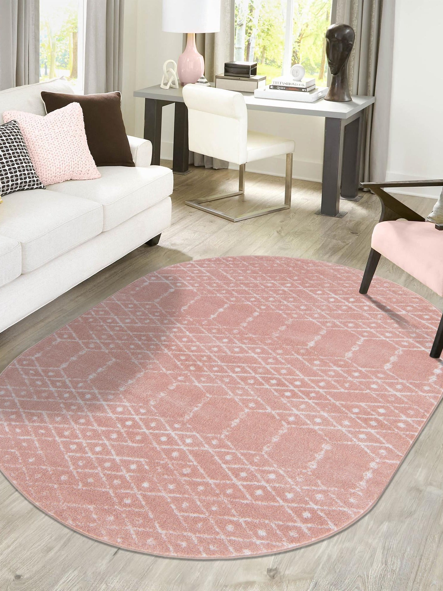 Rose Pink 3' 3 x 5' 3 Paxon Trellis Oval Area Rug Geometric Durable Stain Resistant Easy Clean Carpet for Modern Interior Home Decor for Sale at Rug Engine
