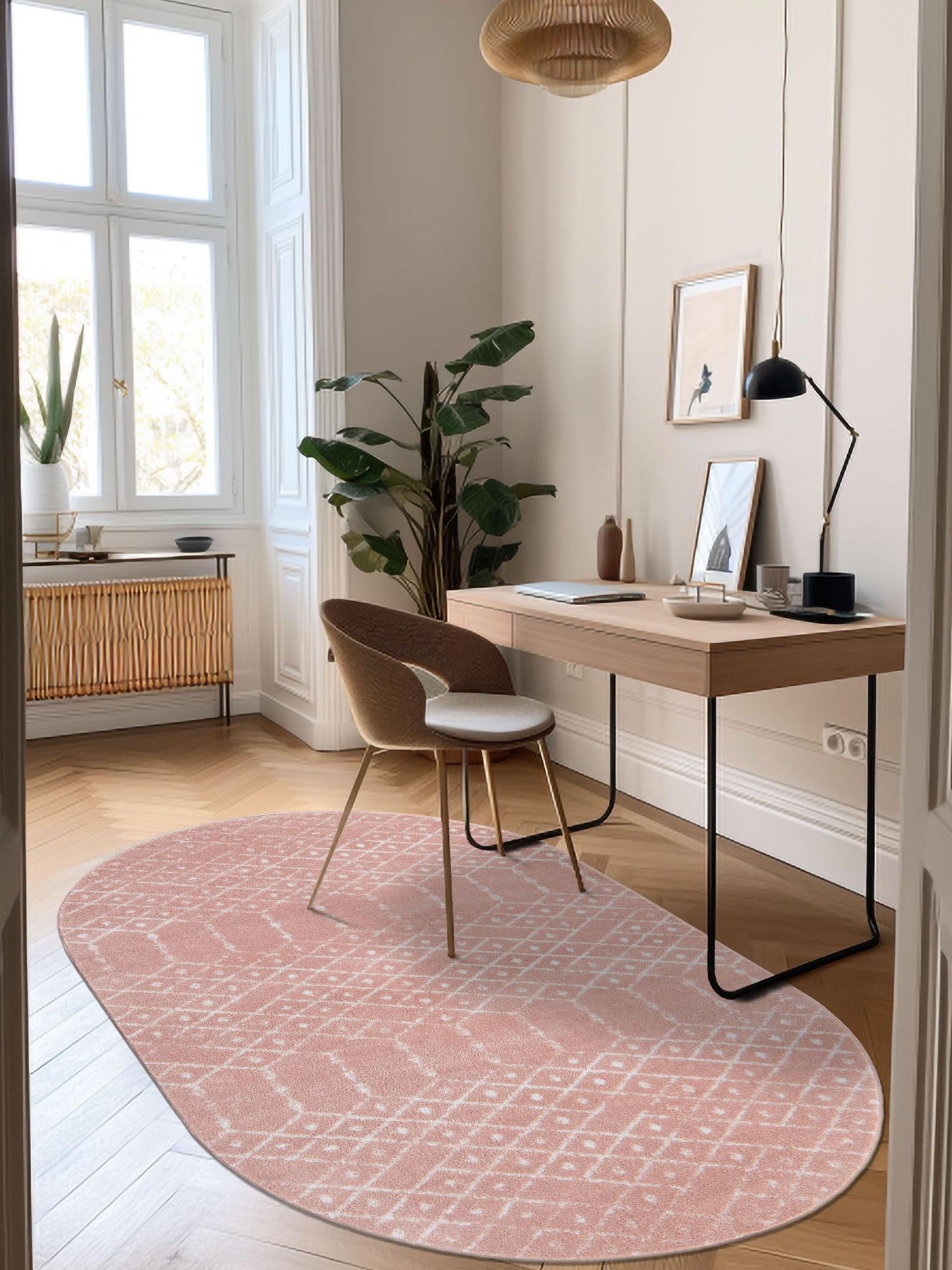 Rose Pink 5' 3 x 8' Paxon Trellis Oval Area Rug Geometric Durable Stain Resistant Easy Clean Carpet for Modern Interior Home Decor for Sale at Rug Engine