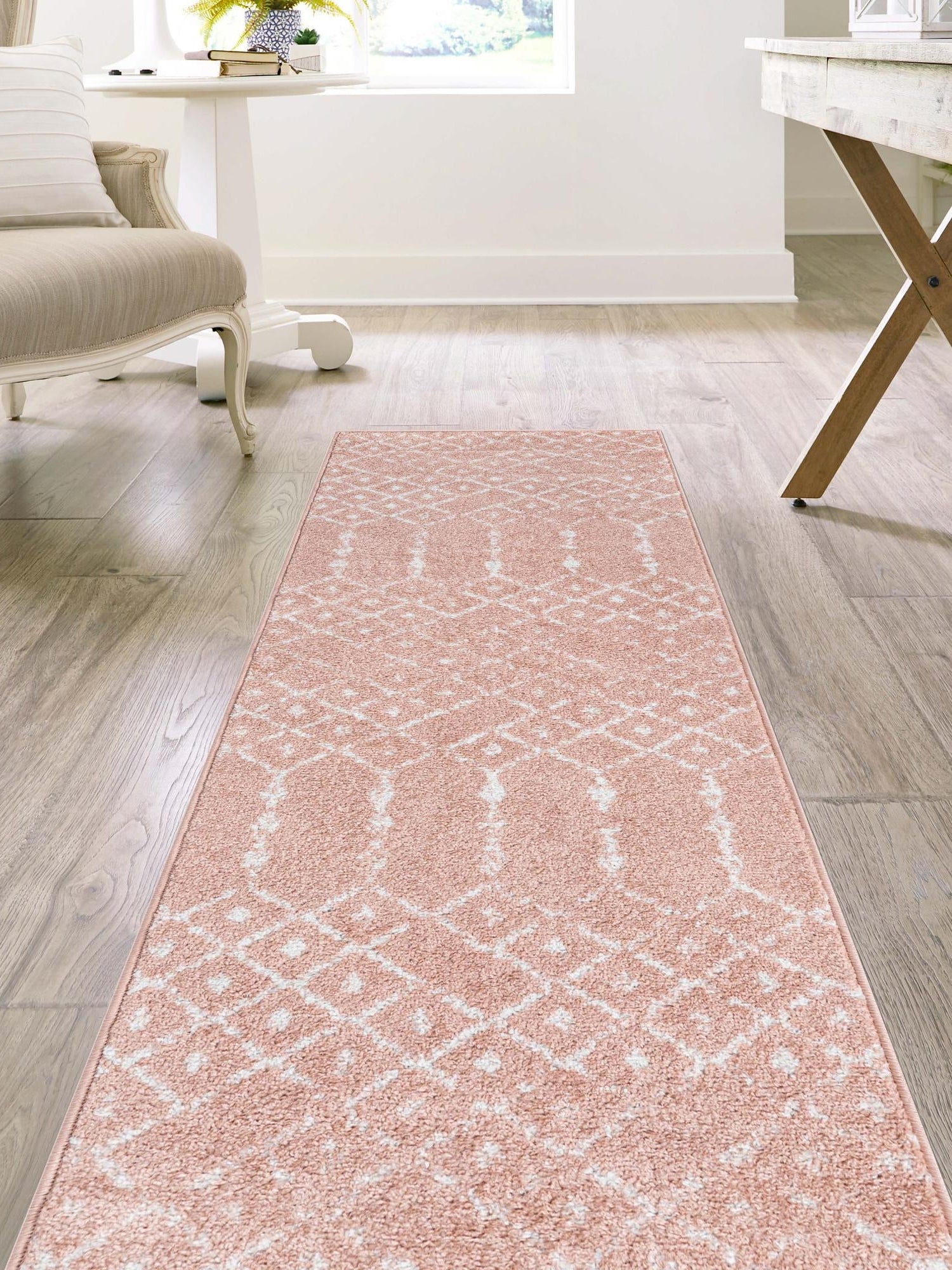 Rose Pink 2' x 6' Paxon Trellis Runner Area Rug Geometric Durable Stain Resistant Easy Clean Carpet for Modern Interior Home Decor for Sale at Rug Engine