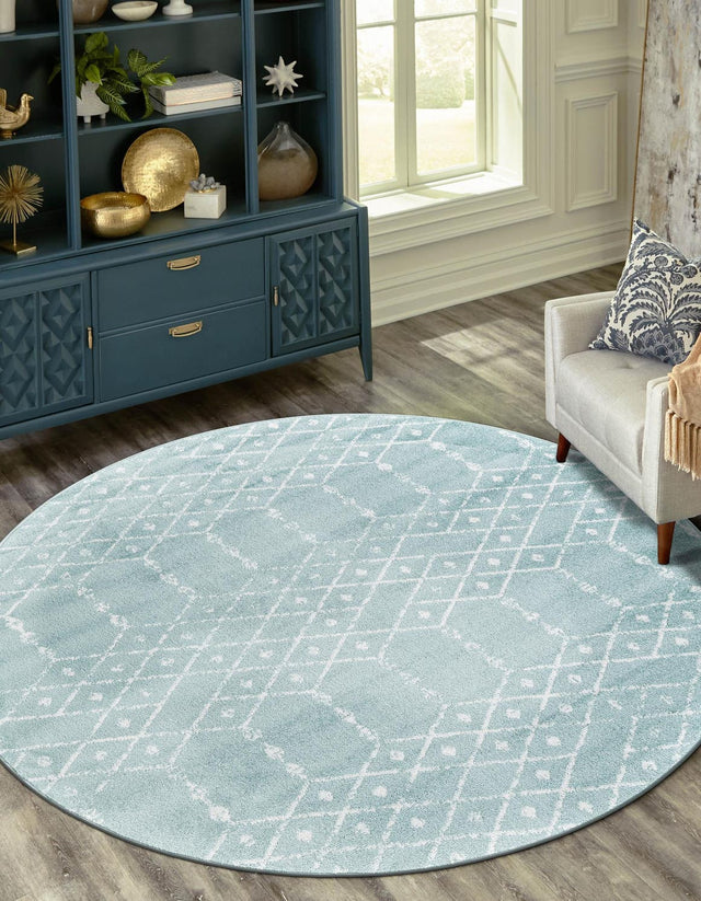 Aqua 5' 3 x 5' 3 Paxon Trellis Round Area Rug Geometric Durable Stain Resistant Easy Clean Carpet for Modern Interior Home Decor for Sale at Rug Engine