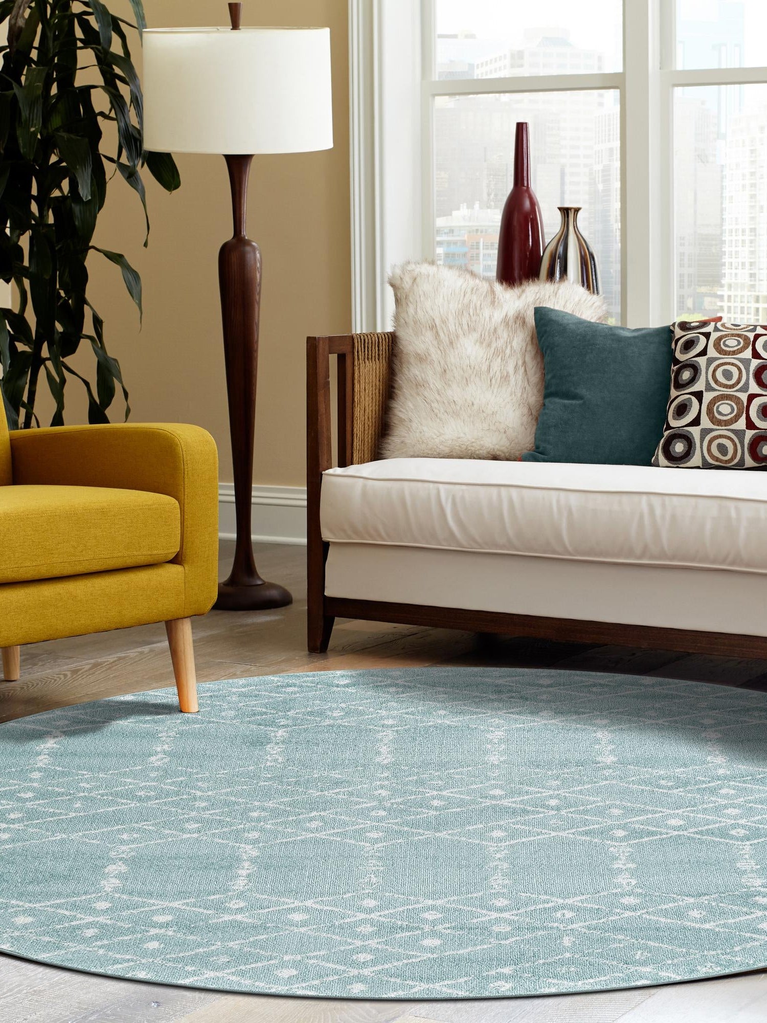 Aqua 10' x 10' Paxon Trellis Round Area Rug Geometric Durable Stain Resistant Easy Clean Carpet for Modern Interior Home Decor for Sale at Rug Engine
