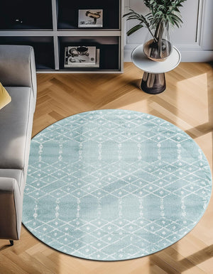 Aqua 7' 10 x 7' 10 Paxon Trellis Round Area Rug Geometric Durable Stain Resistant Easy Clean Carpet for Modern Interior Home Decor for Sale at Rug Engine