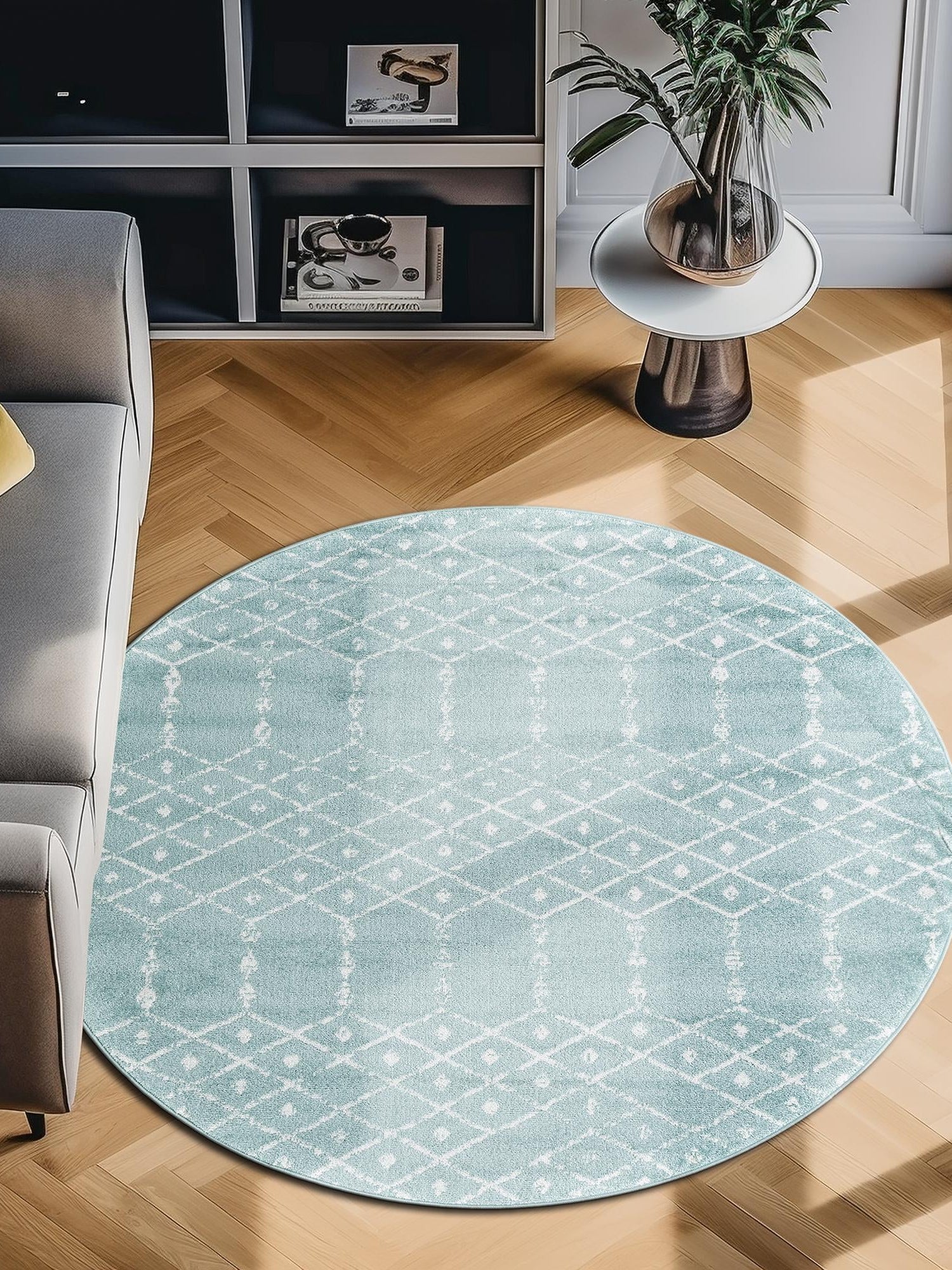 Aqua 6' 1 x 6' 1 Paxon Trellis Round Area Rug Geometric Durable Stain Resistant Easy Clean Carpet for Modern Interior Home Decor for Sale at Rug Engine