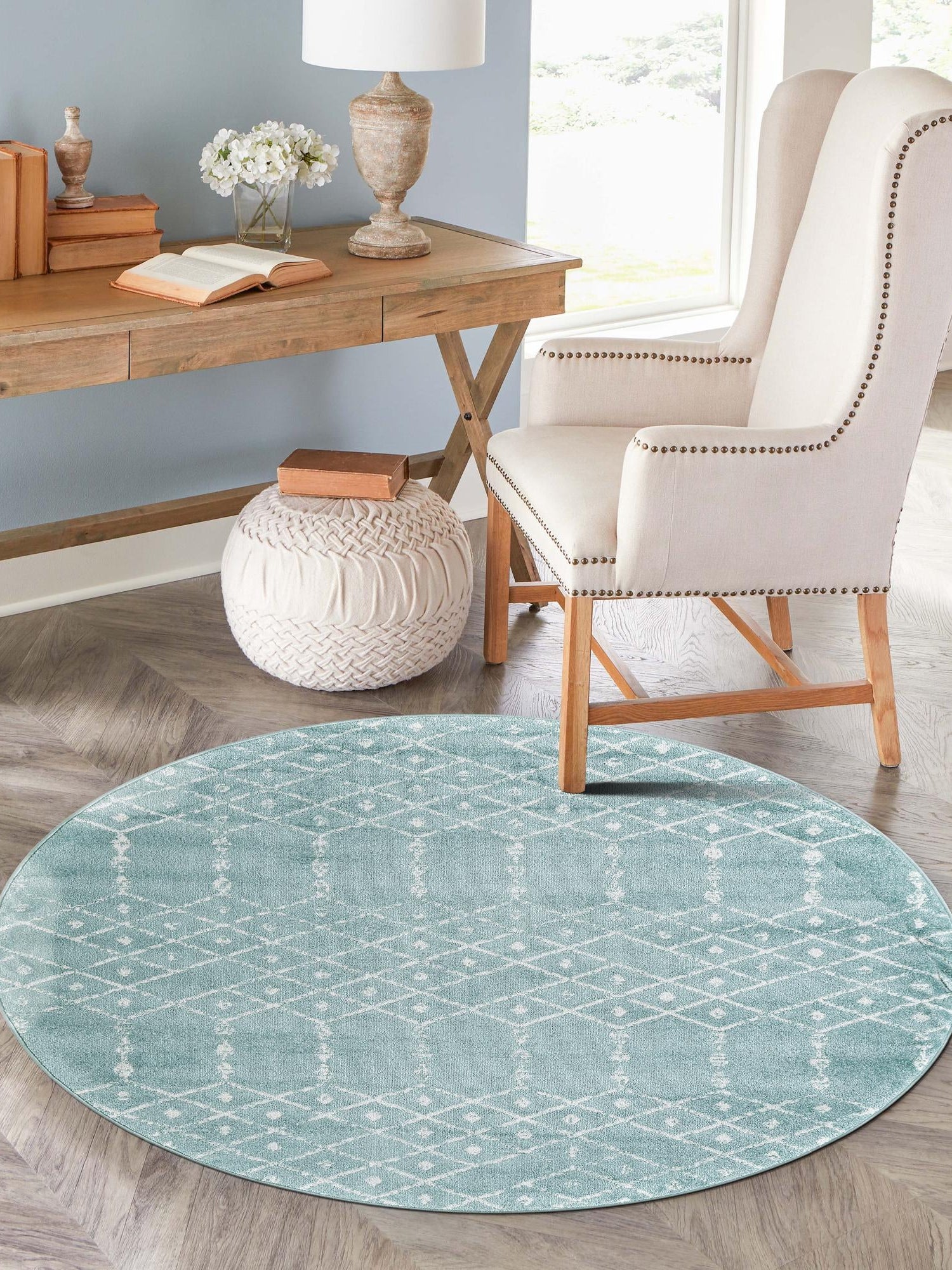Aqua 5' 3 x 5' 3 Paxon Trellis Round Area Rug Geometric Durable Stain Resistant Easy Clean Carpet for Modern Interior Home Decor for Sale at Rug Engine