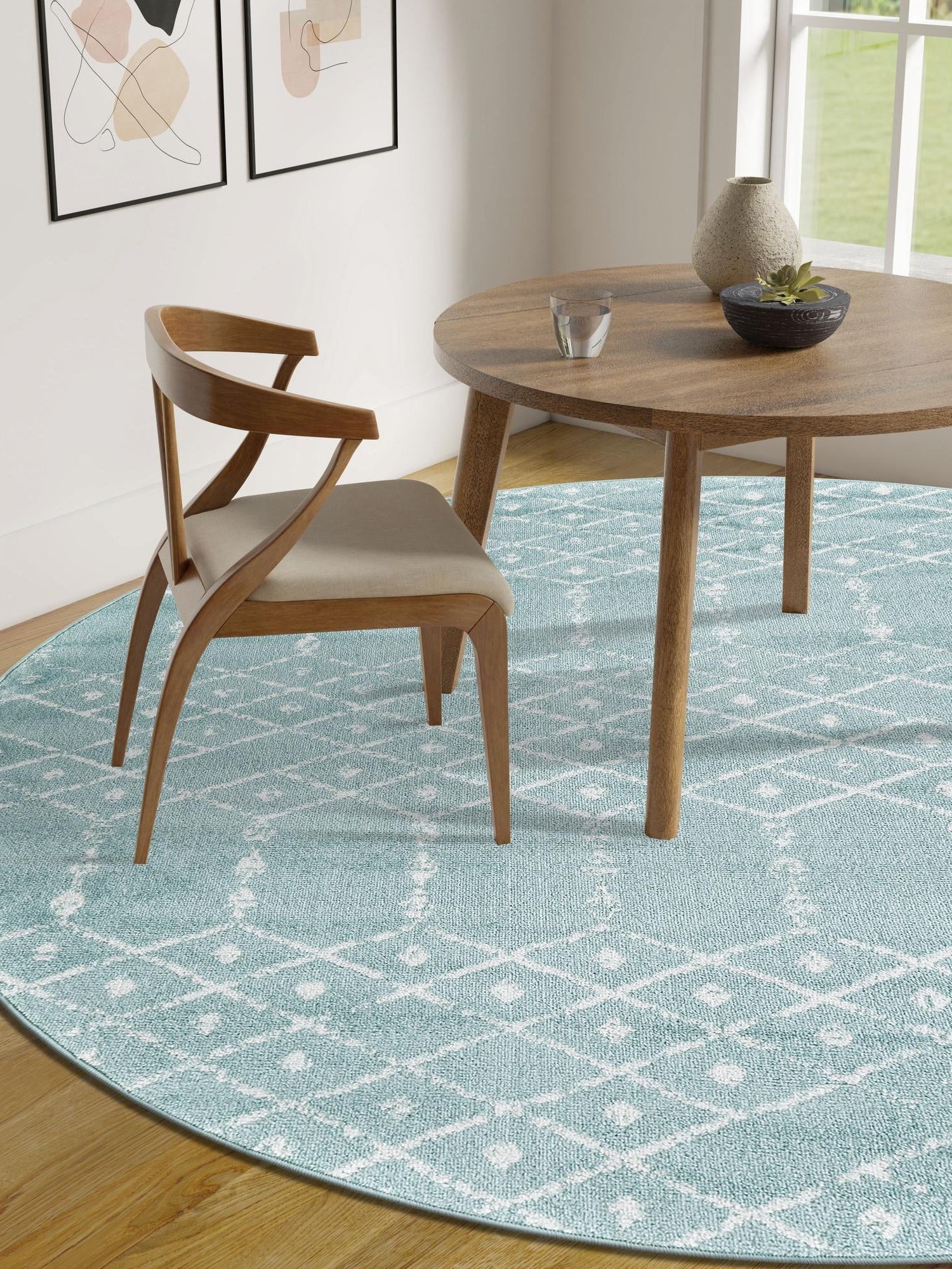 Aqua 5' 3 x 5' 3 Paxon Trellis Round Area Rug Geometric Durable Stain Resistant Easy Clean Carpet for Modern Interior Home Decor for Sale at Rug Engine