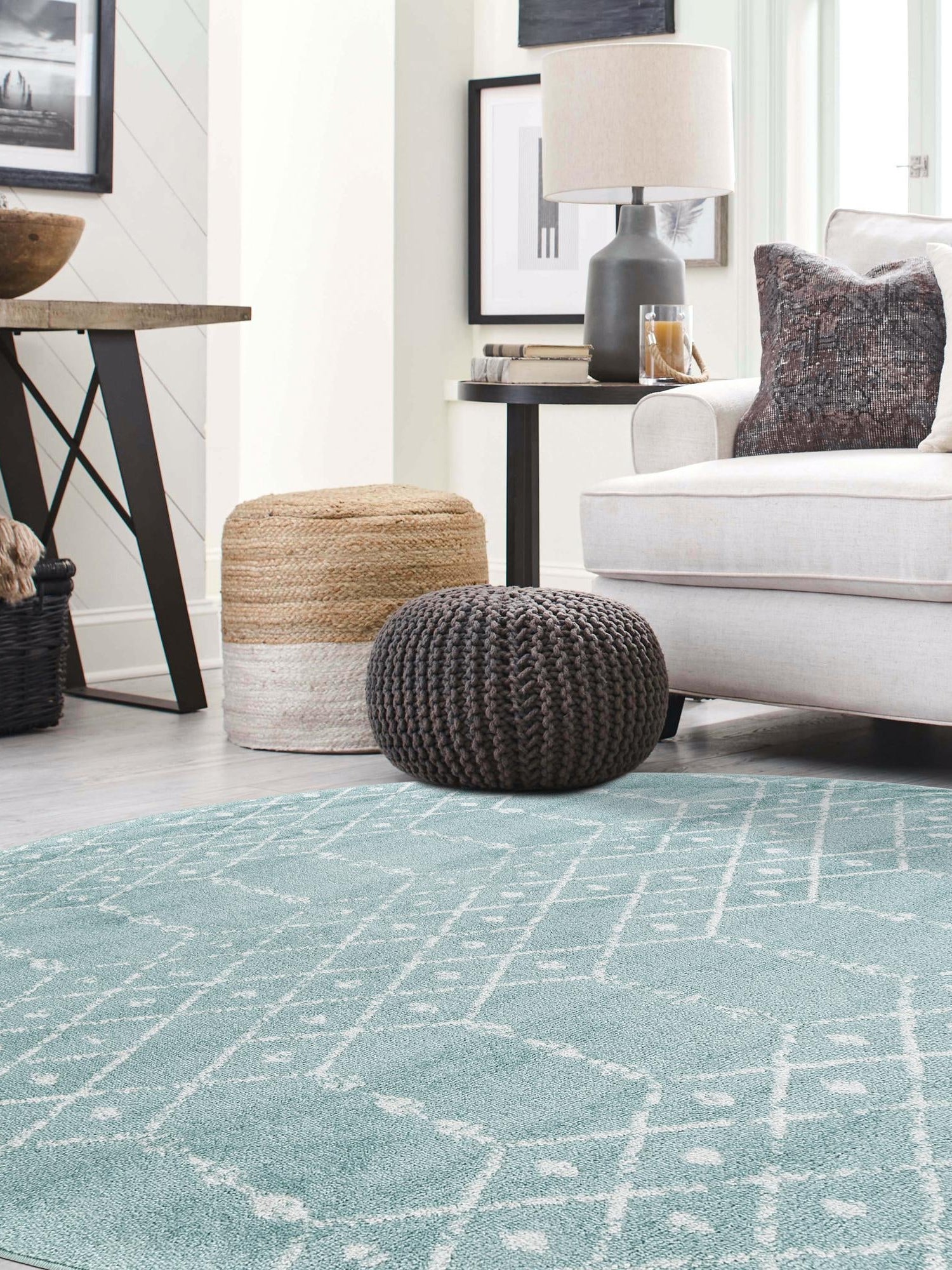 Aqua 7' 10 x 7' 10 Paxon Trellis Round Area Rug Geometric Durable Stain Resistant Easy Clean Carpet for Modern Interior Home Decor for Sale at Rug Engine