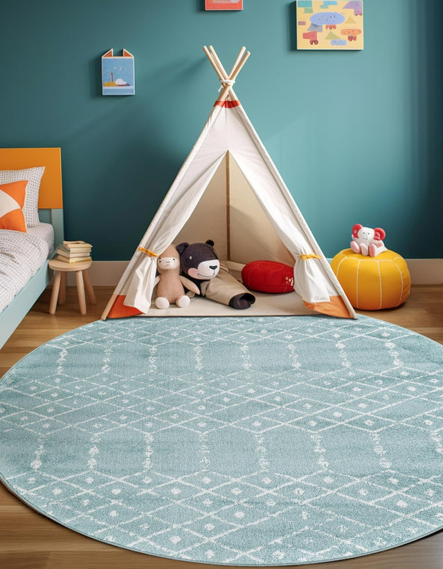 Aqua 5' 3 x 5' 3 Paxon Trellis Round Area Rug Geometric Durable Stain Resistant Easy Clean Carpet for Modern Interior Home Decor for Sale at Rug Engine