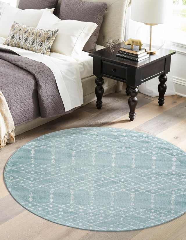 Aqua 4' 1 x 4' 1 Paxon Trellis Round Area Rug Geometric Durable Stain Resistant Easy Clean Carpet for Modern Interior Home Decor for Sale at Rug Engine
