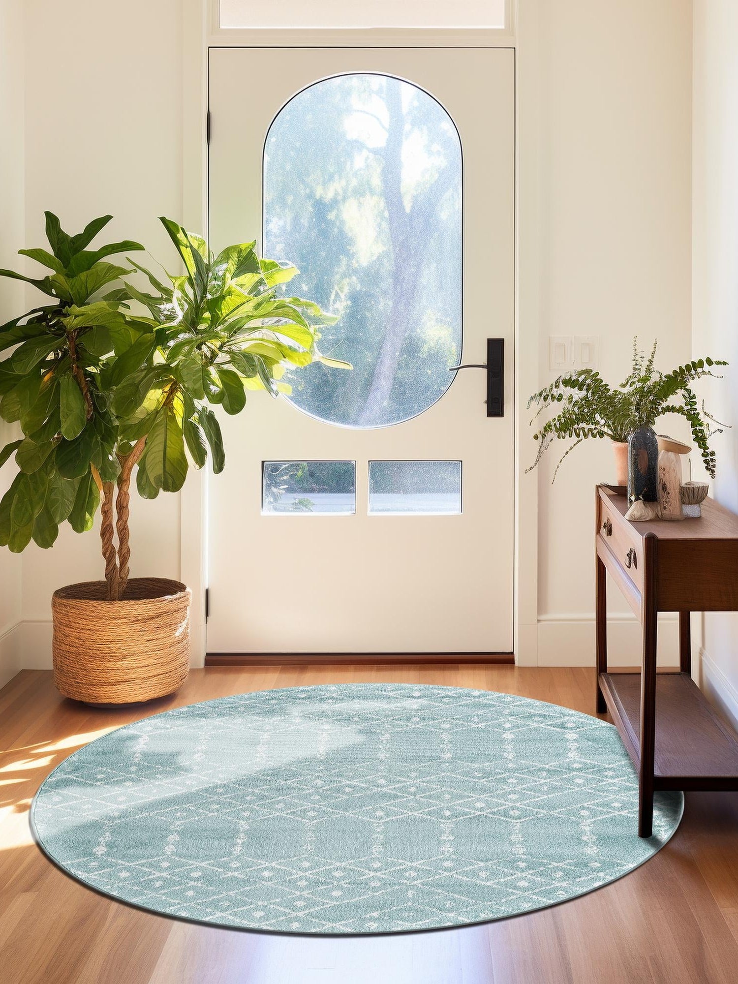Aqua 3' x 3' Paxon Trellis Round Area Rug Geometric Durable Stain Resistant Easy Clean Carpet for Modern Interior Home Decor for Sale at Rug Engine
