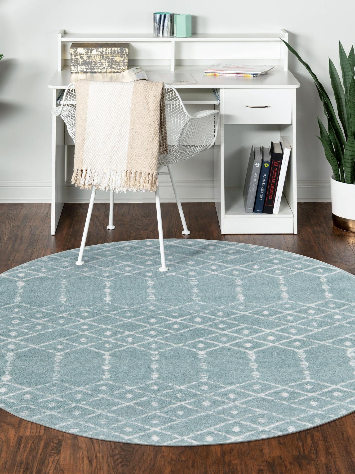 Aqua 3' x 3' Paxon Trellis Round Area Rug Geometric Durable Stain Resistant Easy Clean Carpet for Modern Interior Home Decor for Sale at Rug Engine