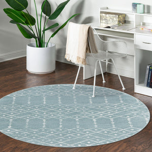 Aqua 5' 3 x 5' 3 Paxon Trellis Round Area Rug Geometric Durable Stain Resistant Easy Clean Carpet for Modern Interior Home Decor for Sale at Rug Engine