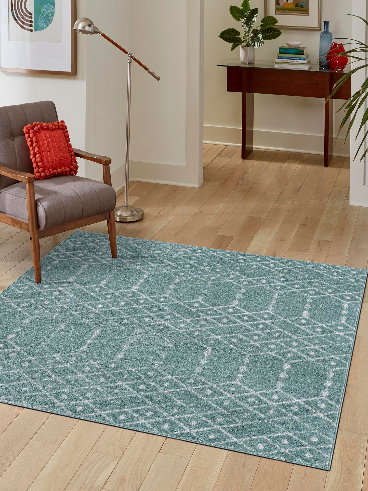 Aqua 4' x 4' Paxon Trellis Square Area Rug Geometric Durable Stain Resistant Easy Clean Carpet for Modern Interior Home Decor for Sale at Rug Engine