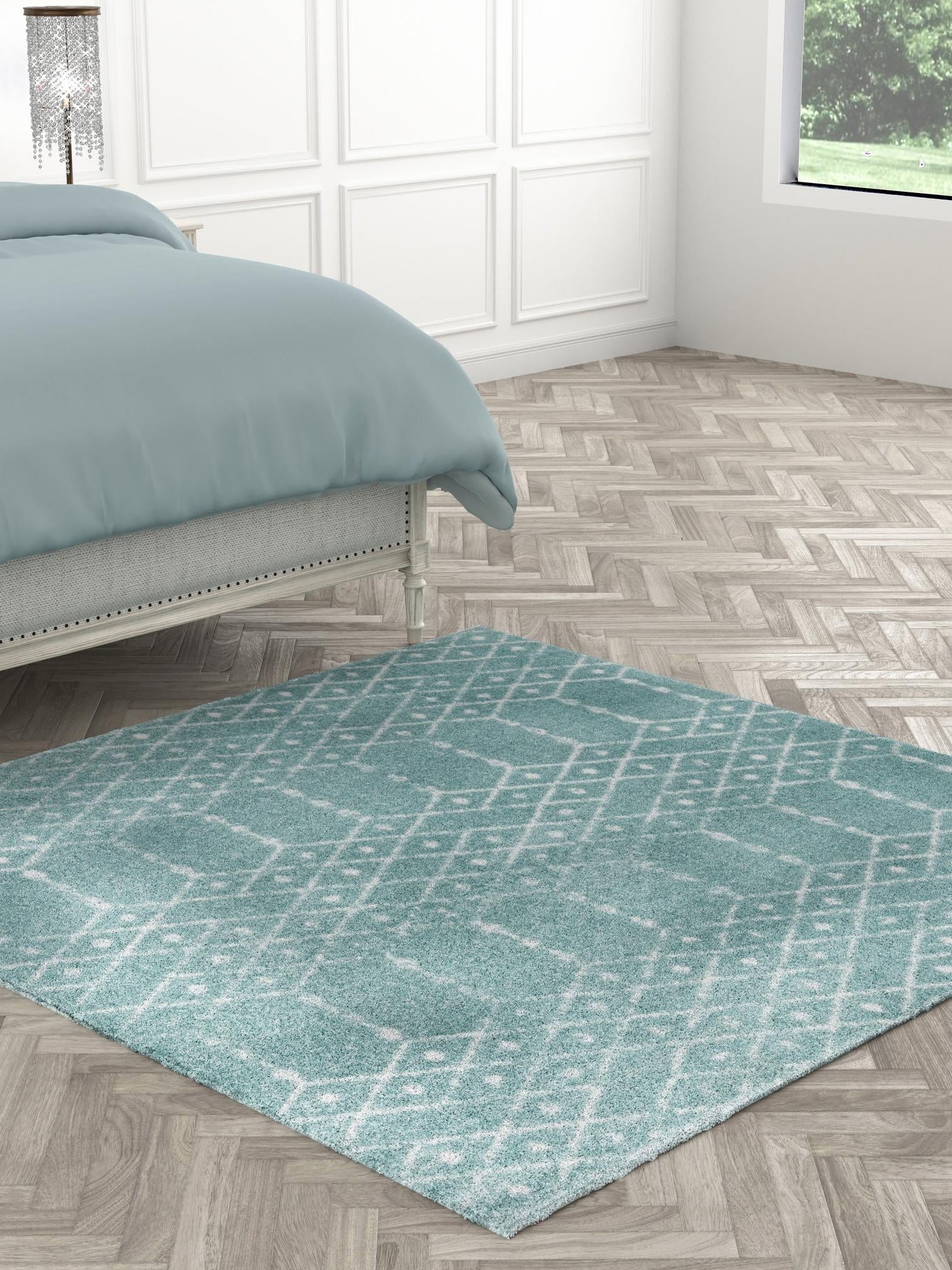 Aqua 5' 3 x 5' 3 Paxon Trellis Square Area Rug Geometric Durable Stain Resistant Easy Clean Carpet for Modern Interior Home Decor for Sale at Rug Engine