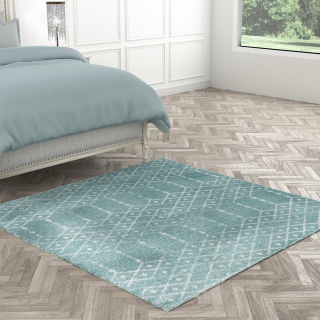 Aqua 5' 3 x 5' 3 Paxon Trellis Square Area Rug Geometric Durable Stain Resistant Easy Clean Carpet for Modern Interior Home Decor for Sale at Rug Engine