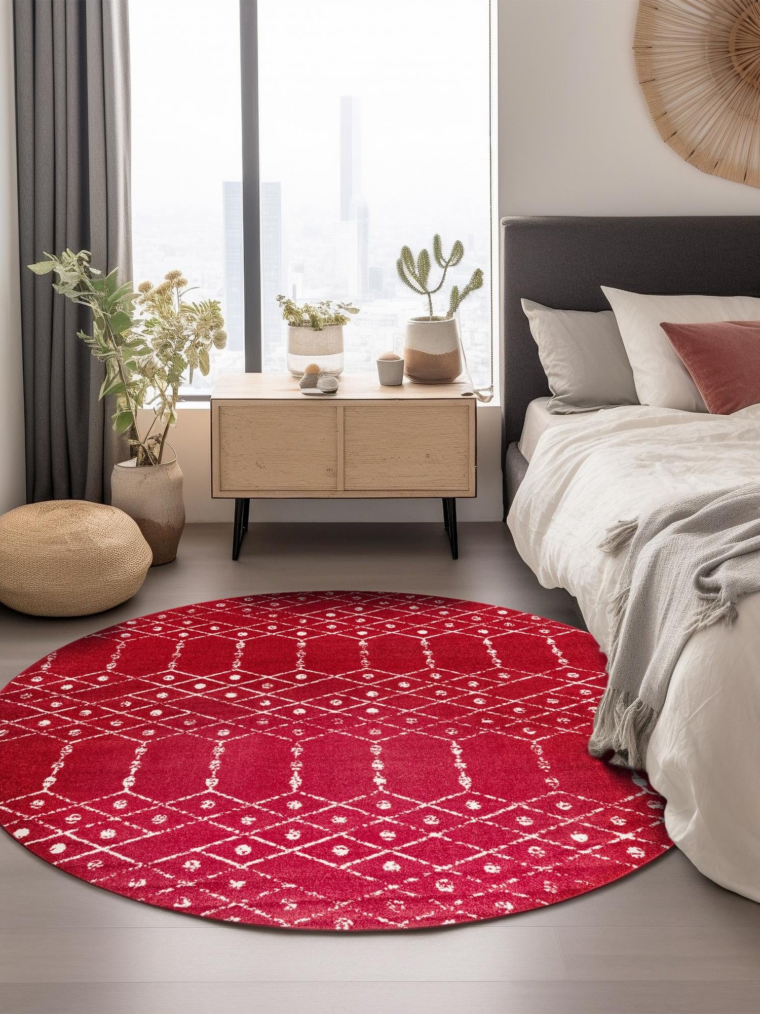 Raspberry Pink 3' x 3' Paxon Trellis Round Area Rug Geometric Durable Stain Resistant Easy Clean Carpet for Modern Interior Home Decor for Sale at Rug Engine