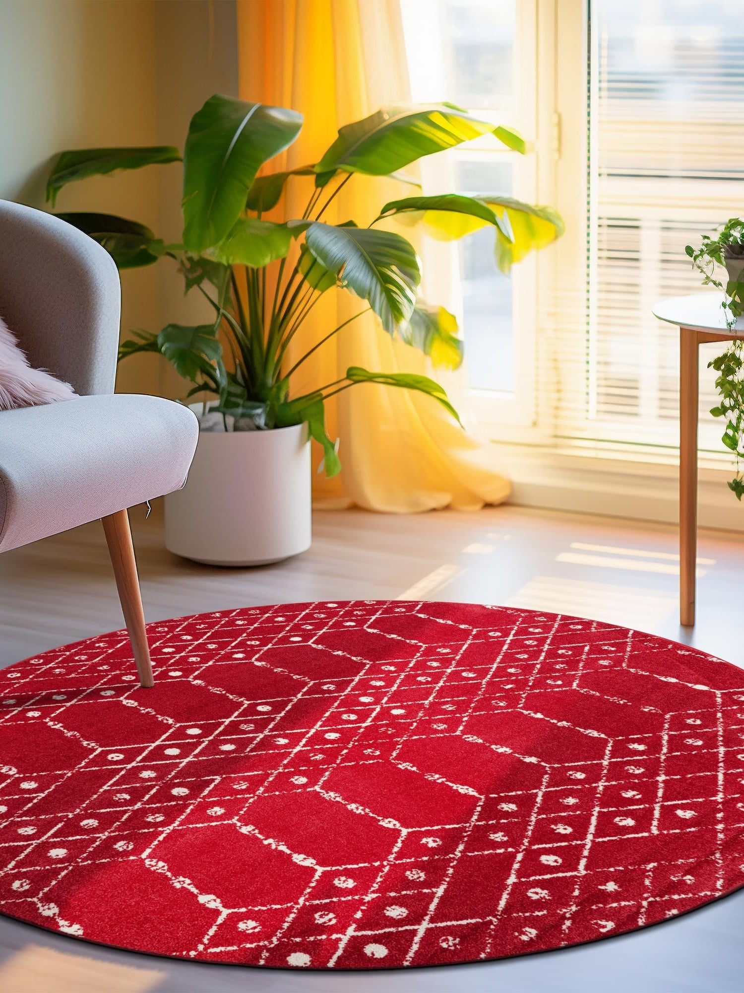 Raspberry Pink 3' x 3' Paxon Trellis Round Area Rug Geometric Durable Stain Resistant Easy Clean Carpet for Modern Interior Home Decor for Sale at Rug Engine