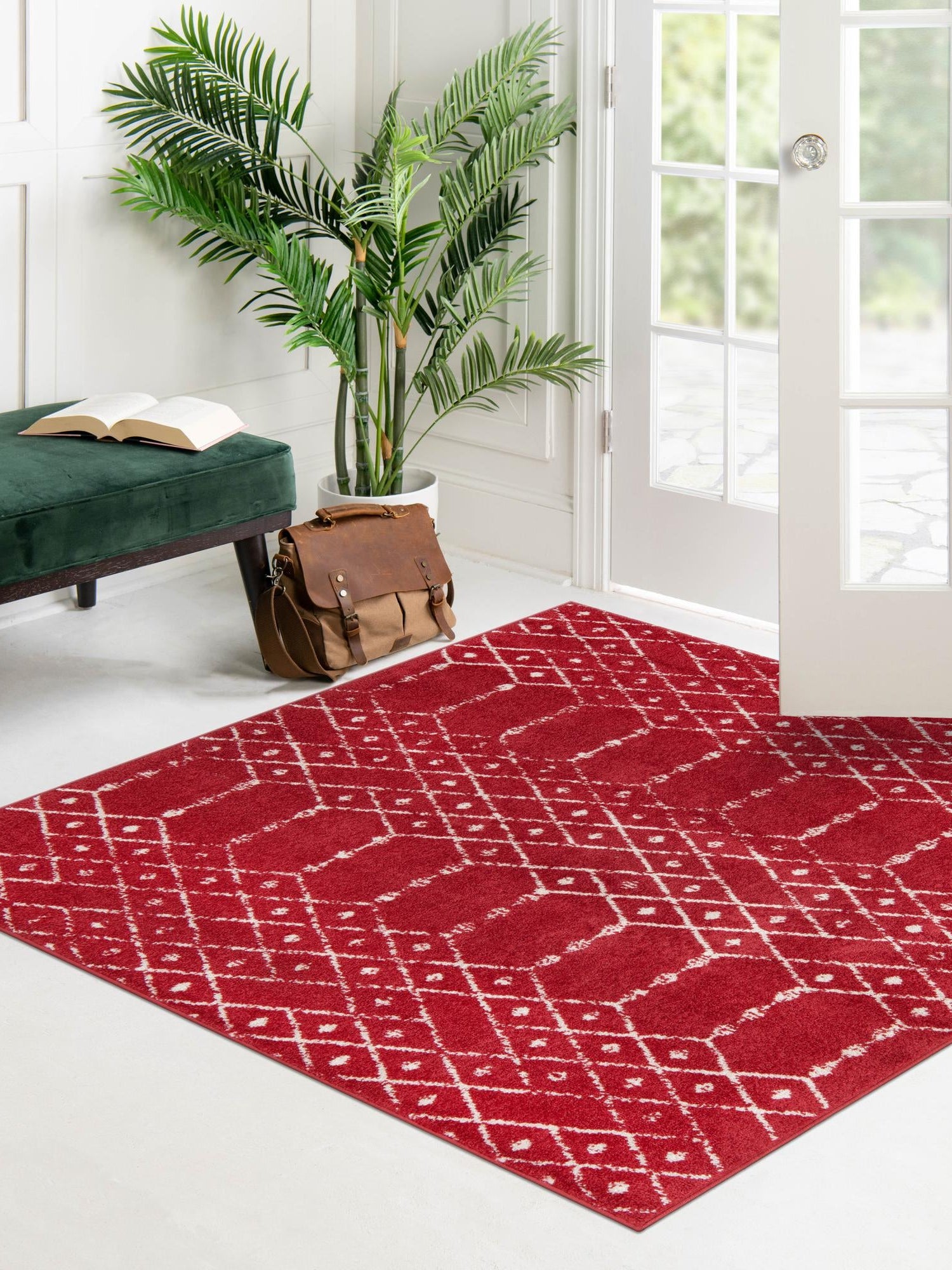 Raspberry Pink 7' 10 x 7' 10 Paxon Trellis Square Area Rug Geometric Durable Stain Resistant Easy Clean Carpet for Modern Interior Home Decor for Sale at Rug Engine