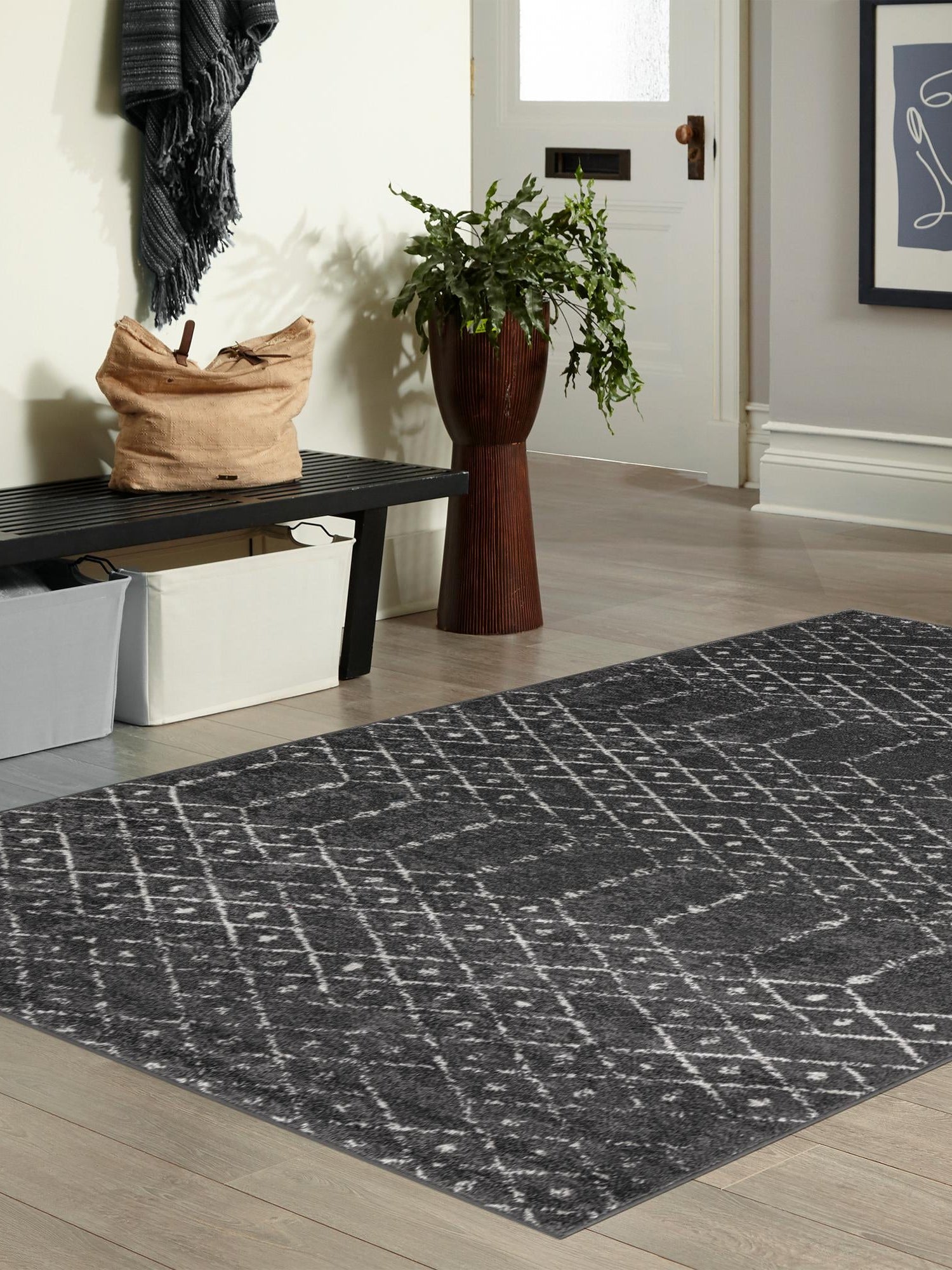 Charcoal Gray 7' x 10' Paxon Trellis Rectangle Area Rug Geometric Durable Stain Resistant Easy Clean Carpet for Modern Interior Home Decor for Sale at Rug Engine