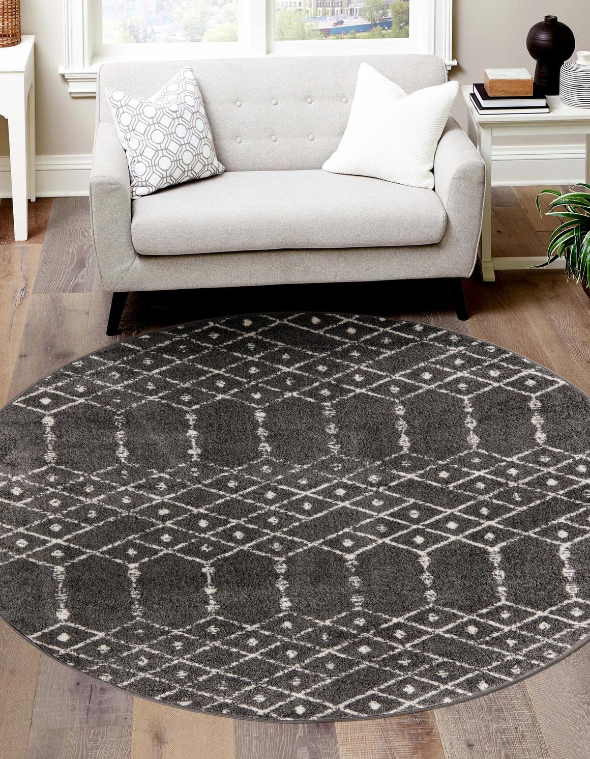 Charcoal Gray 3' x 3' Paxon Trellis Round Area Rug Geometric Durable Stain Resistant Easy Clean Carpet for Modern Interior Home Decor for Sale at Rug Engine
