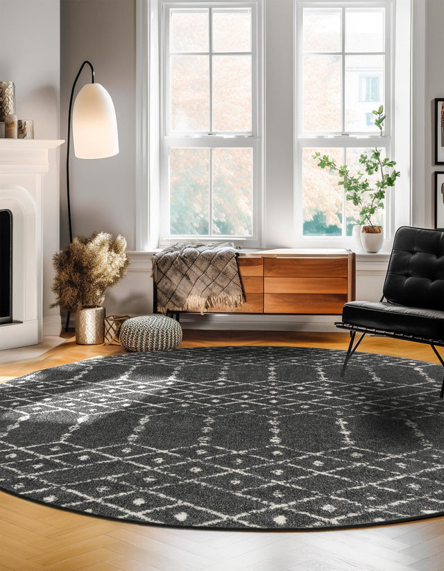 Charcoal Gray 7' 10 x 7' 10 Paxon Trellis Round Area Rug Geometric Durable Stain Resistant Easy Clean Carpet for Modern Interior Home Decor for Sale at Rug Engine