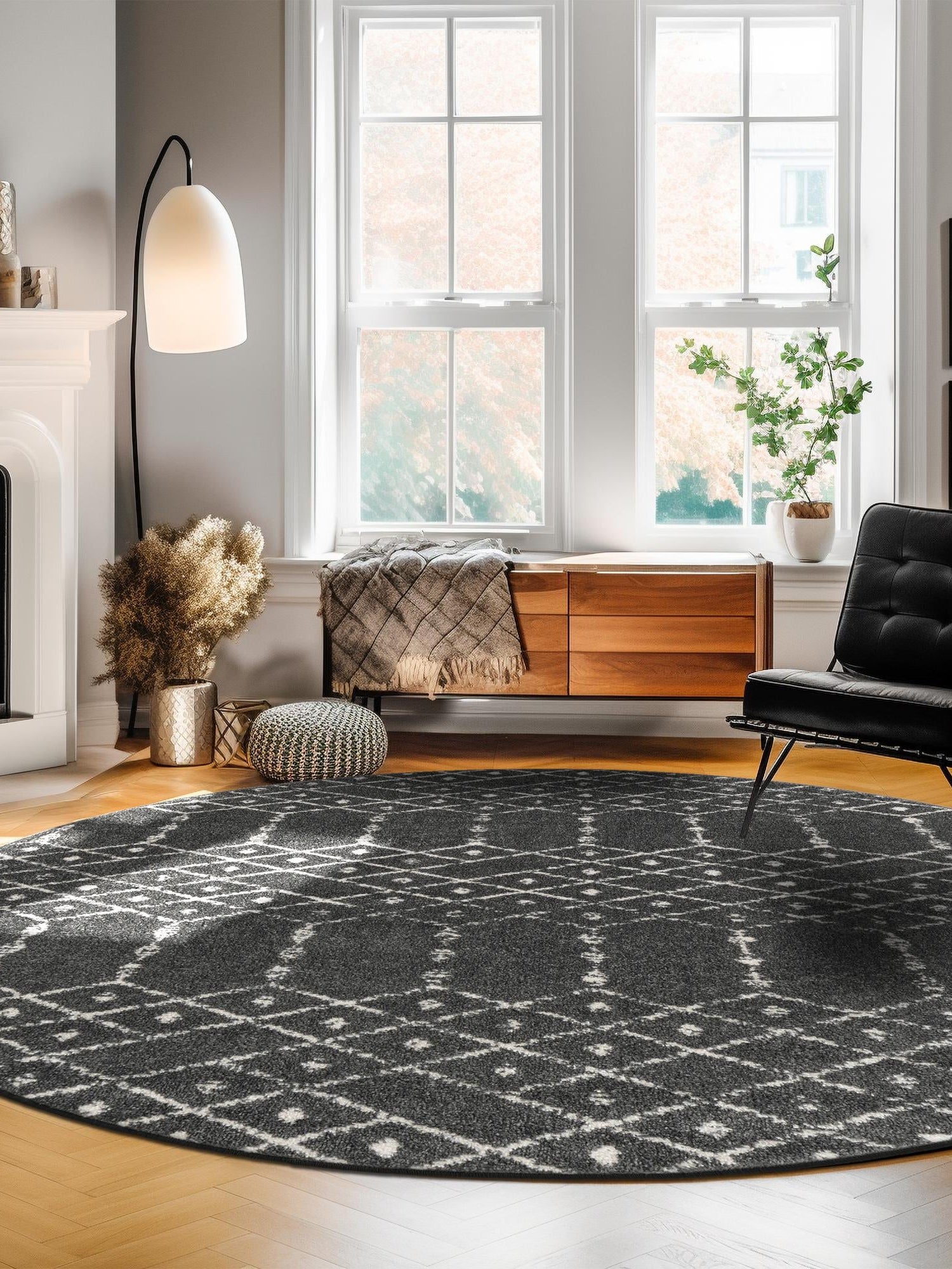 Charcoal Gray 5' 3 x 5' 3 Paxon Trellis Round Area Rug Geometric Durable Stain Resistant Easy Clean Carpet for Modern Interior Home Decor for Sale at Rug Engine
