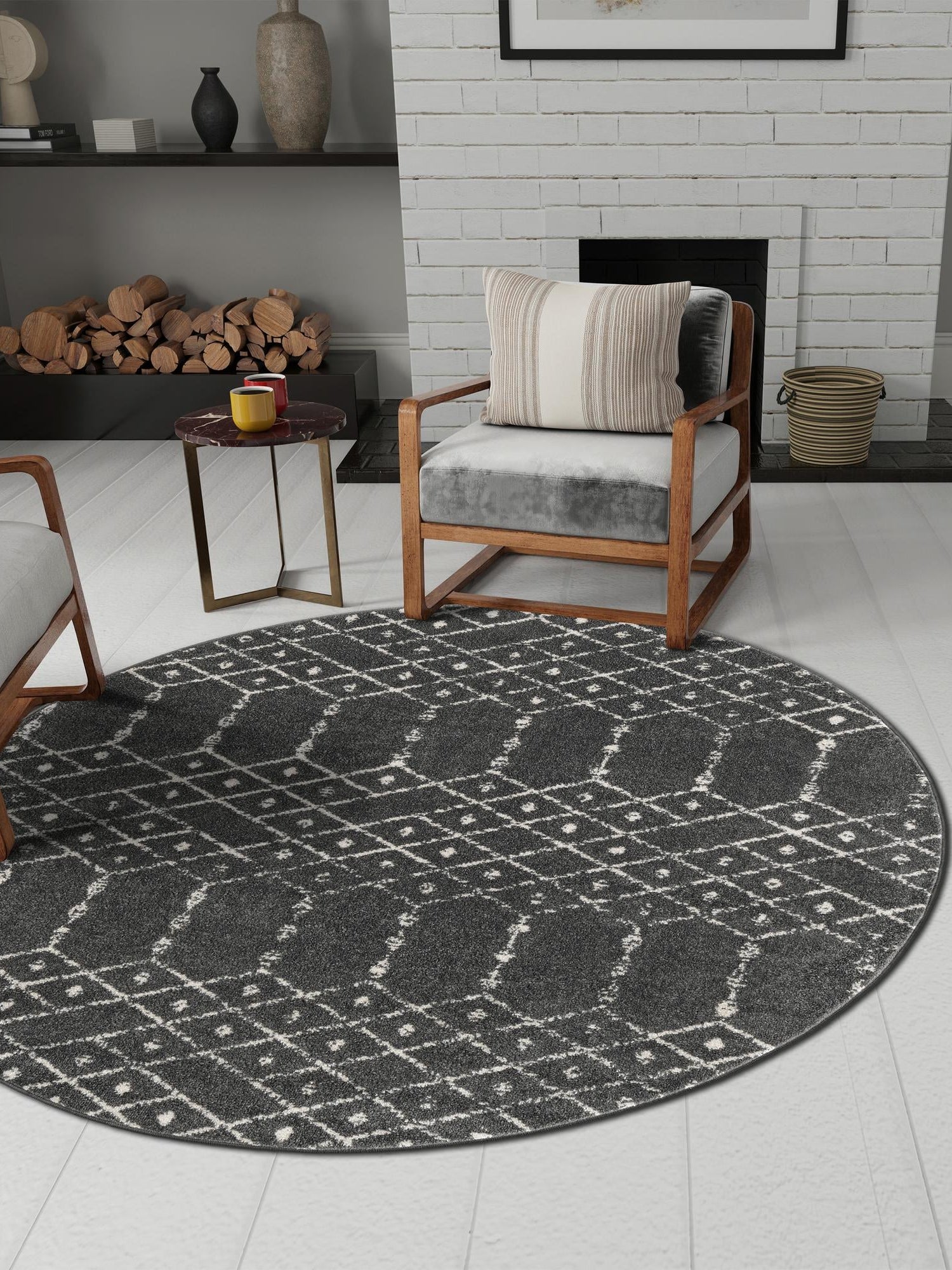 Charcoal Gray 5' 3 x 5' 3 Paxon Trellis Round Area Rug Geometric Durable Stain Resistant Easy Clean Carpet for Modern Interior Home Decor for Sale at Rug Engine
