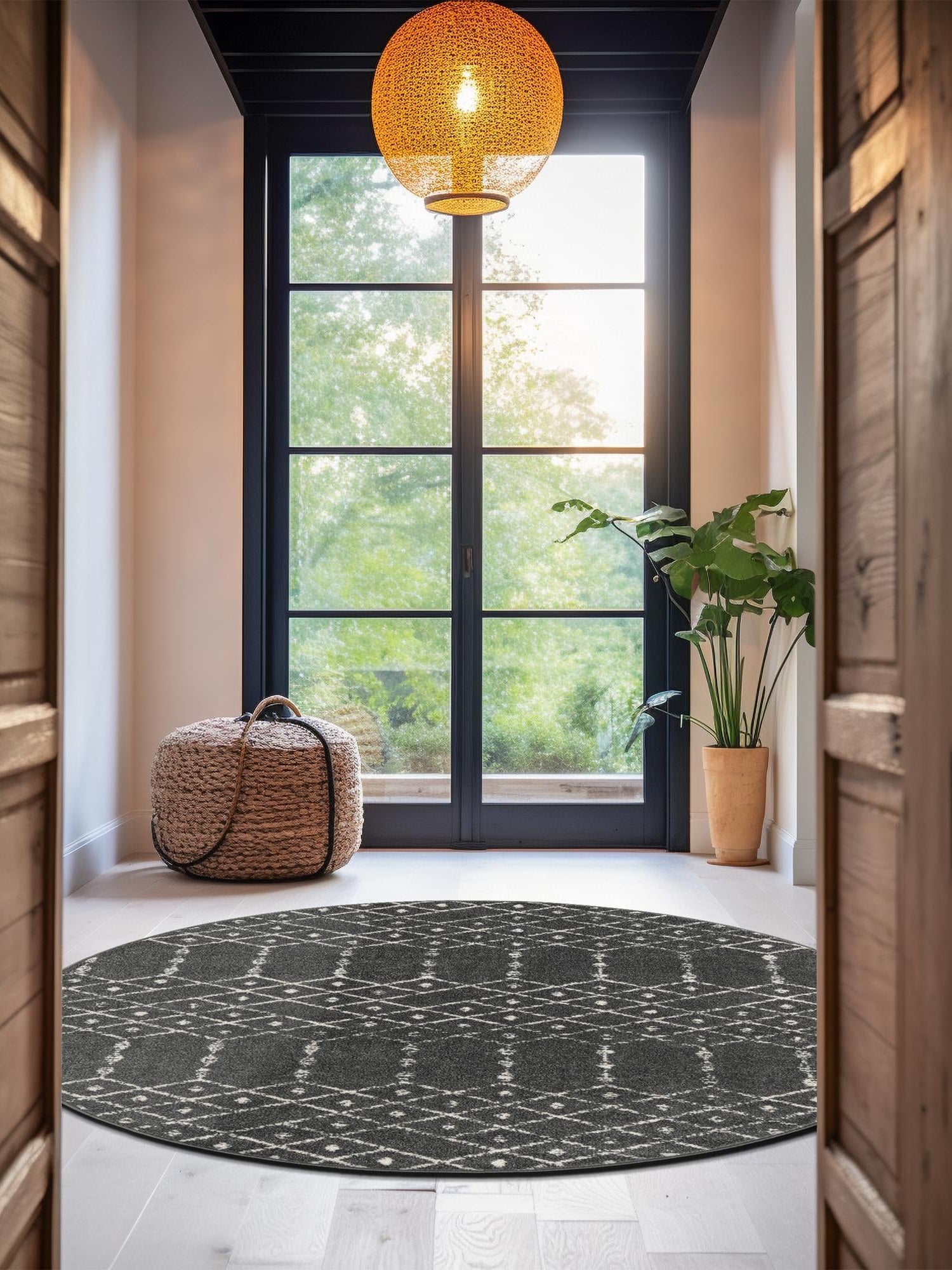Charcoal Gray 3' x 3' Paxon Trellis Round Area Rug Geometric Durable Stain Resistant Easy Clean Carpet for Modern Interior Home Decor for Sale at Rug Engine