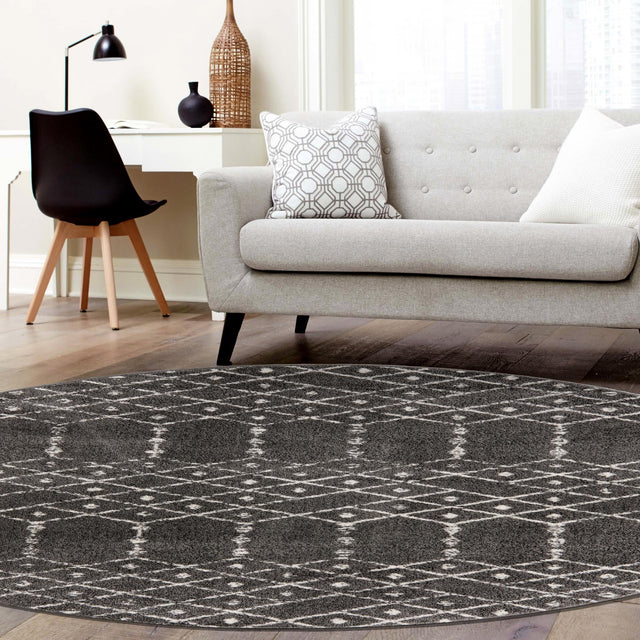 Charcoal Gray 7' 10 x 7' 10 Paxon Trellis Round Area Rug Geometric Durable Stain Resistant Easy Clean Carpet for Modern Interior Home Decor for Sale at Rug Engine