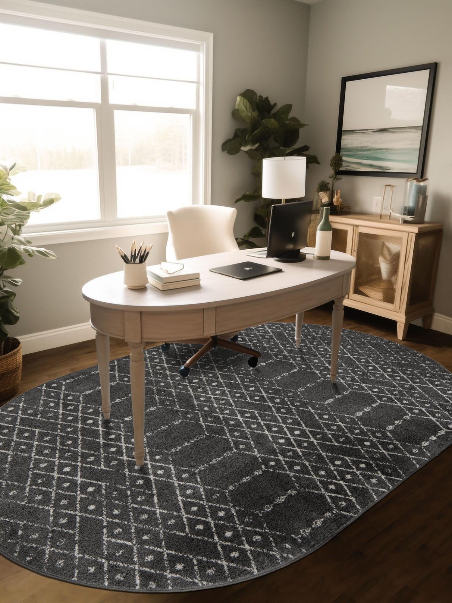 Charcoal Gray 7' 10 x 10' Paxon Trellis Oval Area Rug Geometric Durable Stain Resistant Easy Clean Carpet for Modern Interior Home Decor for Sale at Rug Engine