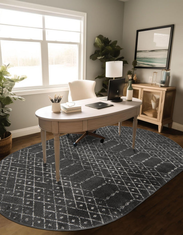 Charcoal Gray 7' 10 x 10' Paxon Trellis Oval Area Rug Geometric Durable Stain Resistant Easy Clean Carpet for Modern Interior Home Decor for Sale at Rug Engine